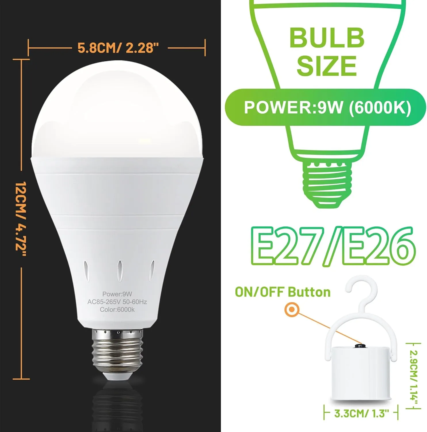 10 Pack Rechargeable Emergency Light Bulbs, Battery Powered LED Light Bulb 6000K Daylight E26 120 Volt 9W 60W Equivalent with 1200mAh for Home Power Outage Camping Hurricane