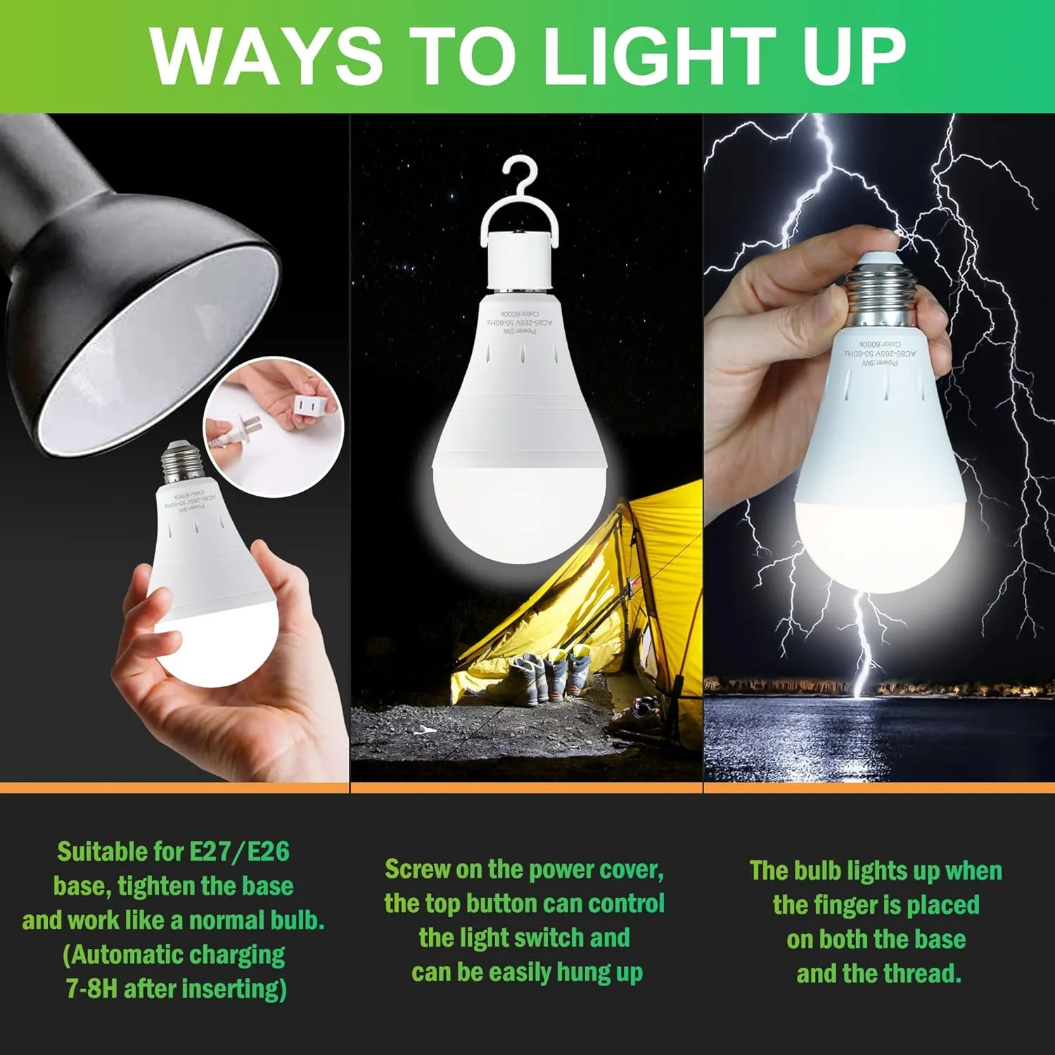 10 Pack Rechargeable Emergency Light Bulbs, Battery Powered LED Light Bulb 6000K Daylight E26 120 Volt 9W 60W Equivalent with 1200mAh for Home Power Outage Camping Hurricane