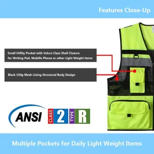 10 Pockets Class 2 High Visible Reflective Safety Vest Breathable and Mesh Lining Workwear (M-2XL, Yellow Black)