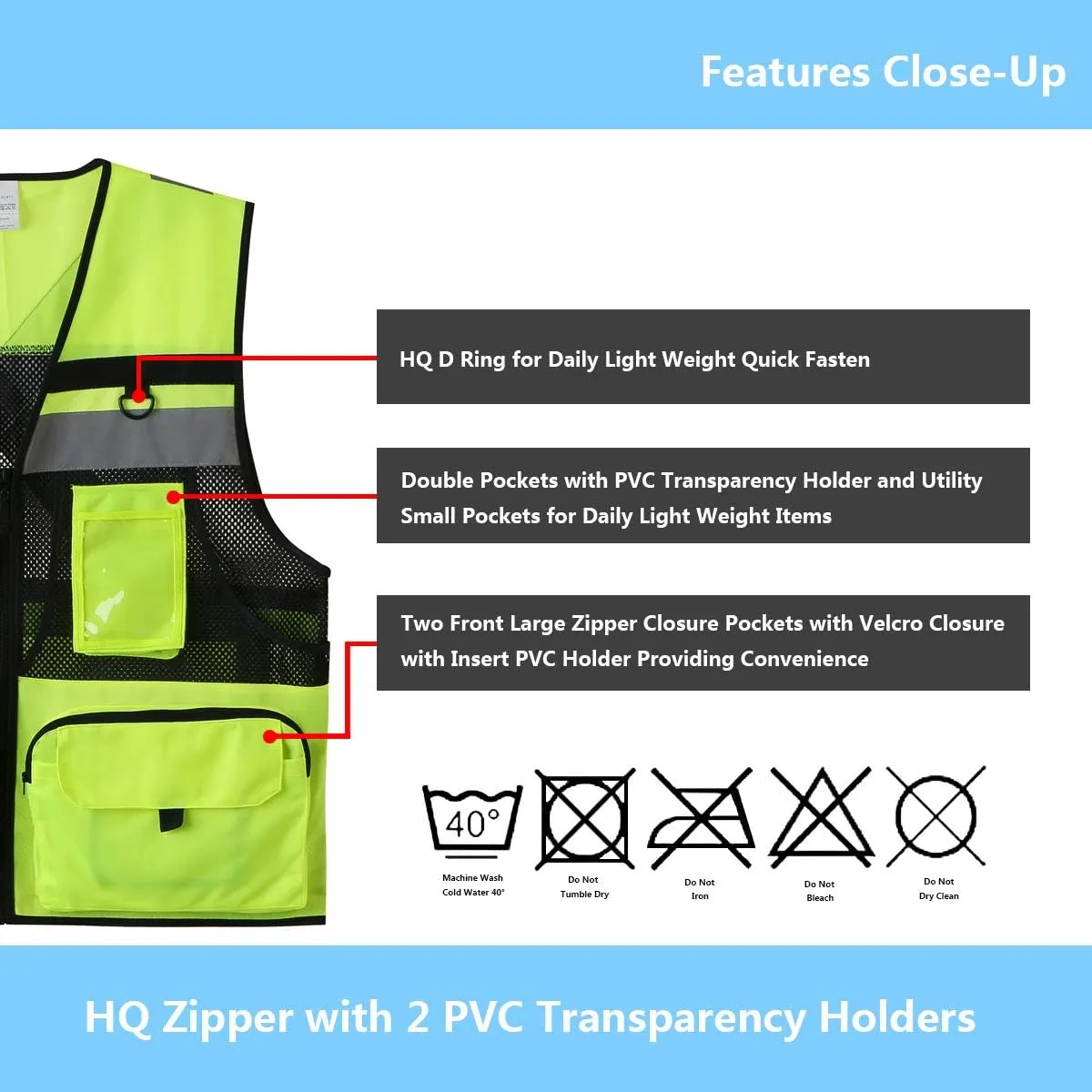 10 Pockets Class 2 High Visible Reflective Safety Vest Breathable and Mesh Lining Workwear (M-2XL, Yellow Black)