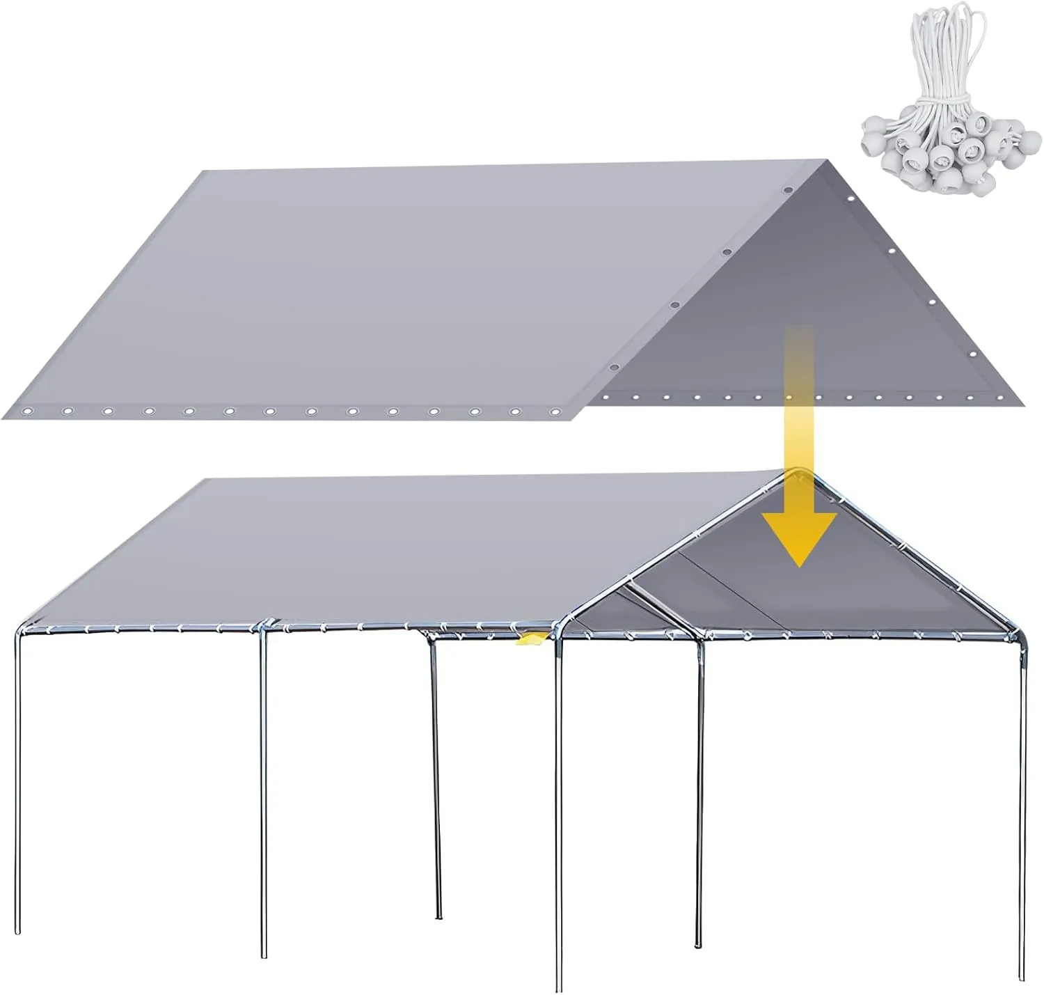 10 x 20 ft Heavy Duty Canopy Replacement Cover Waterproof Carport Garage Car Shelter Tarp Tent for Car Canopy with 50 Ball Bungees, Only Top Cover, Frame is Not Included