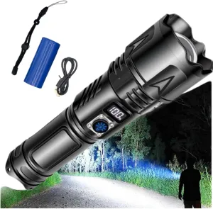 1000000 Lumens LED High Powerful Flashlight, Super Bright USB Rechargeable Torch, 5 Lighting Modes, with Digital Display Zoomable IPX4 Waterproof Handheld Torch for Camping Hiking Emergencies