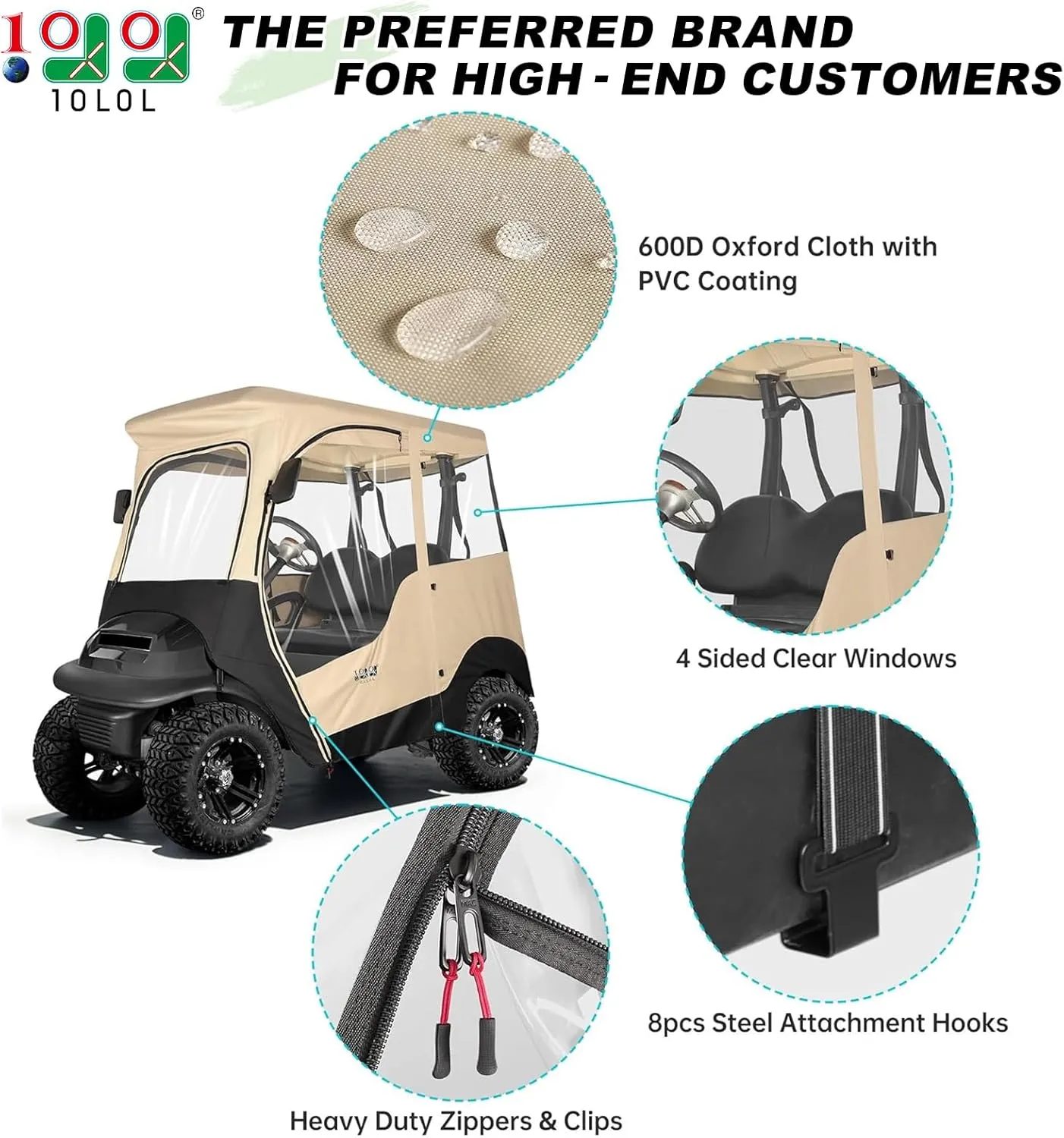 10L0L 2 Passenger Golf Cart Driving Enclosure for Club Car Precedent (Short Roof), 4-Sided Clear Window 600D Rain Cover All Weather Windproof Waterproof