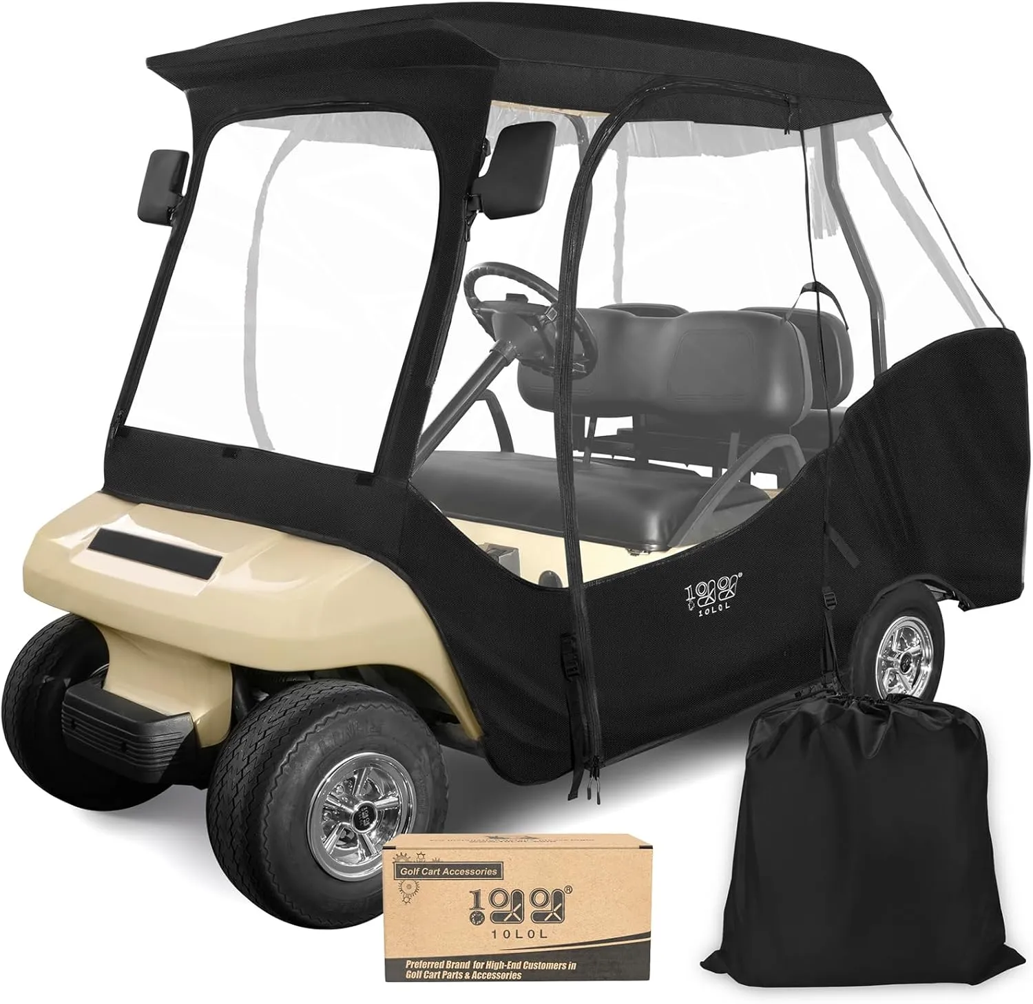 10L0L 4 Passenger Golf Cart Enclosure, Drivable Rain Cover (Short Roof 56-59" with Bench) for Club Car DS, Windproof Waterproof Portable 4-Sided Clear Window & Durable YKK Door Zipper
