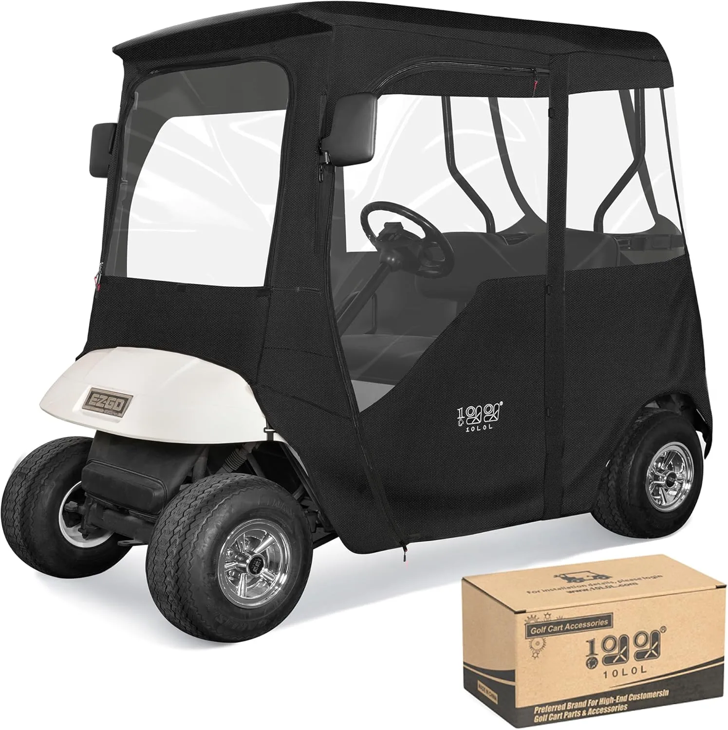 10L0L 600D Golf Cart Enclosure 2 Passenger Rain Cover 4 Sided for EZGO TXT/RXV with 2 Door Zippers, Security Side Mirror Openings, Taillight Zone UPVC Windows, Waterproof Portable Transparent