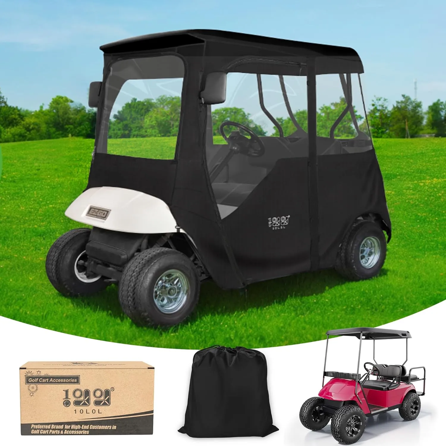 10L0L 600D Golf Cart Enclosure 2 Passenger Rain Cover 4 Sided for EZGO TXT/RXV with 2 Door Zippers, Security Side Mirror Openings, Taillight Zone UPVC Windows, Waterproof Portable Transparent