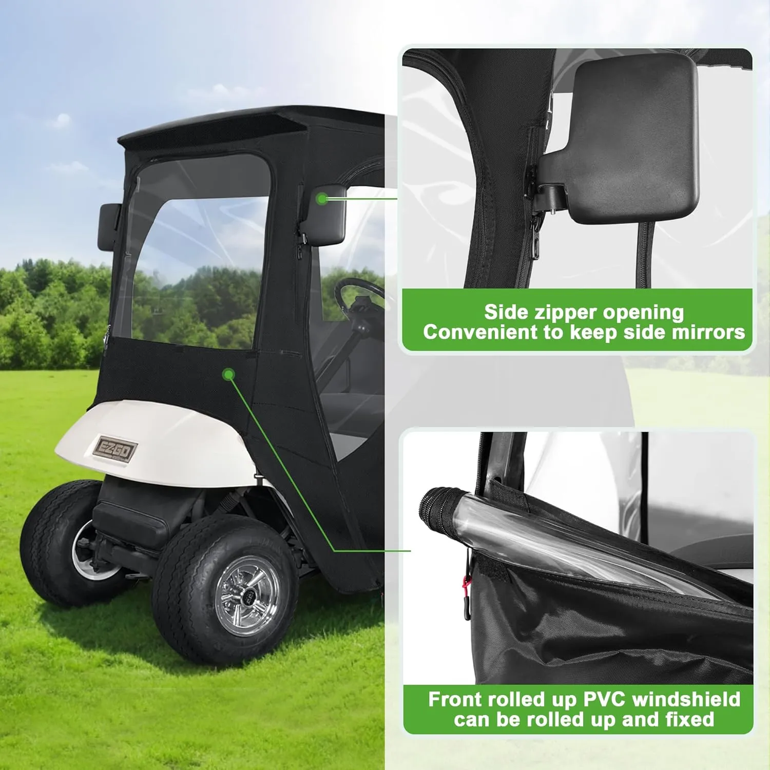 10L0L 600D Golf Cart Enclosure 2 Passenger Rain Cover 4 Sided for EZGO TXT/RXV with 2 Door Zippers, Security Side Mirror Openings, Taillight Zone UPVC Windows, Waterproof Portable Transparent