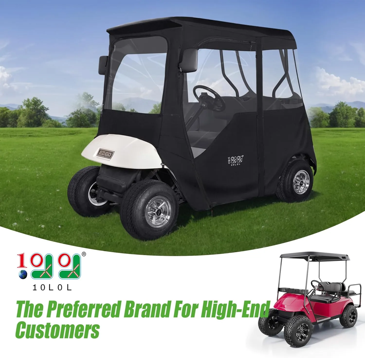 10L0L 600D Golf Cart Enclosure 2 Passenger Rain Cover 4 Sided for EZGO TXT/RXV with 2 Door Zippers, Security Side Mirror Openings, Taillight Zone UPVC Windows, Waterproof Portable Transparent