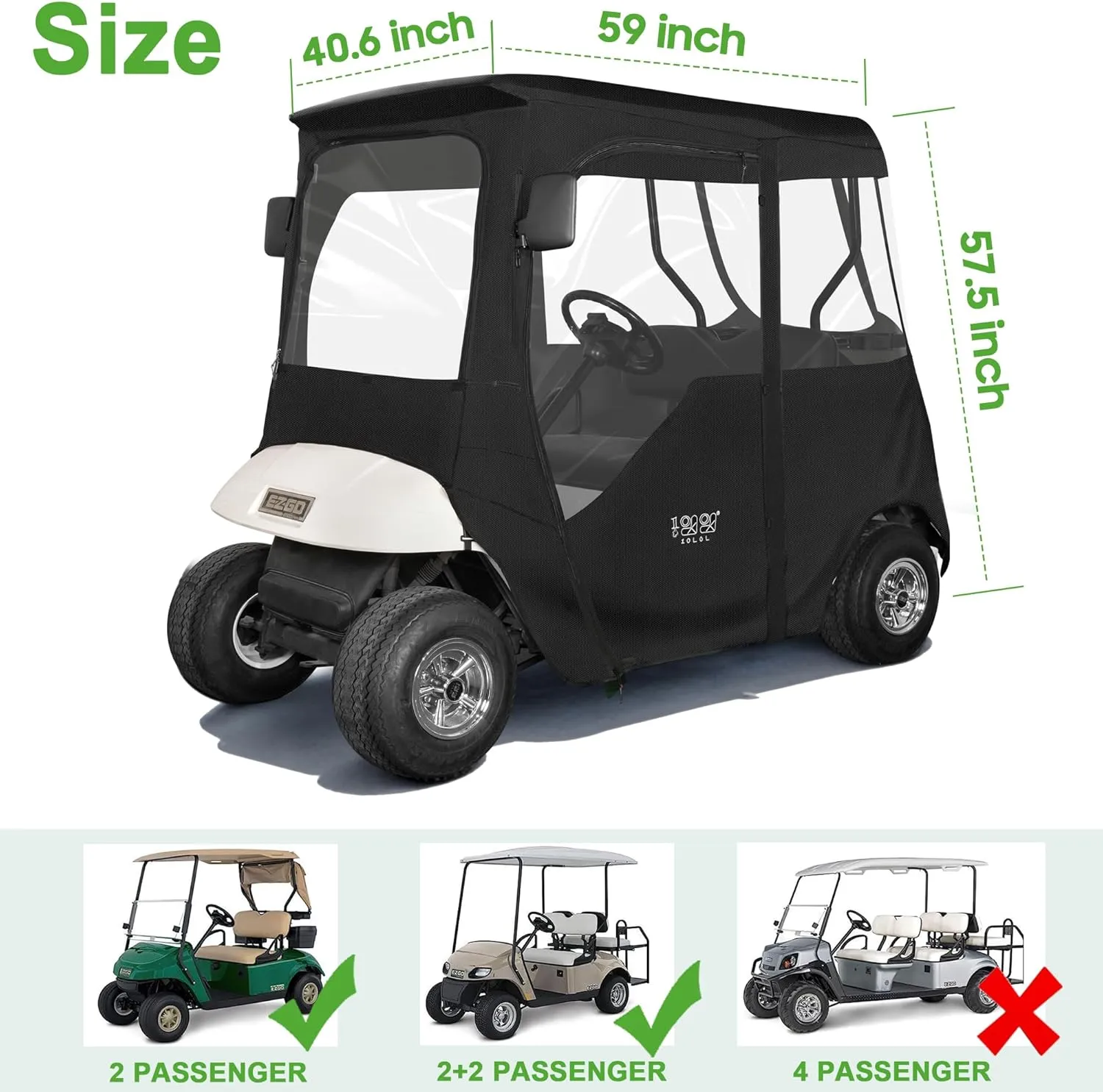 10L0L 600D Golf Cart Enclosure 2 Passenger Rain Cover 4 Sided for EZGO TXT/RXV with 2 Door Zippers, Security Side Mirror Openings, Taillight Zone UPVC Windows, Waterproof Portable Transparent