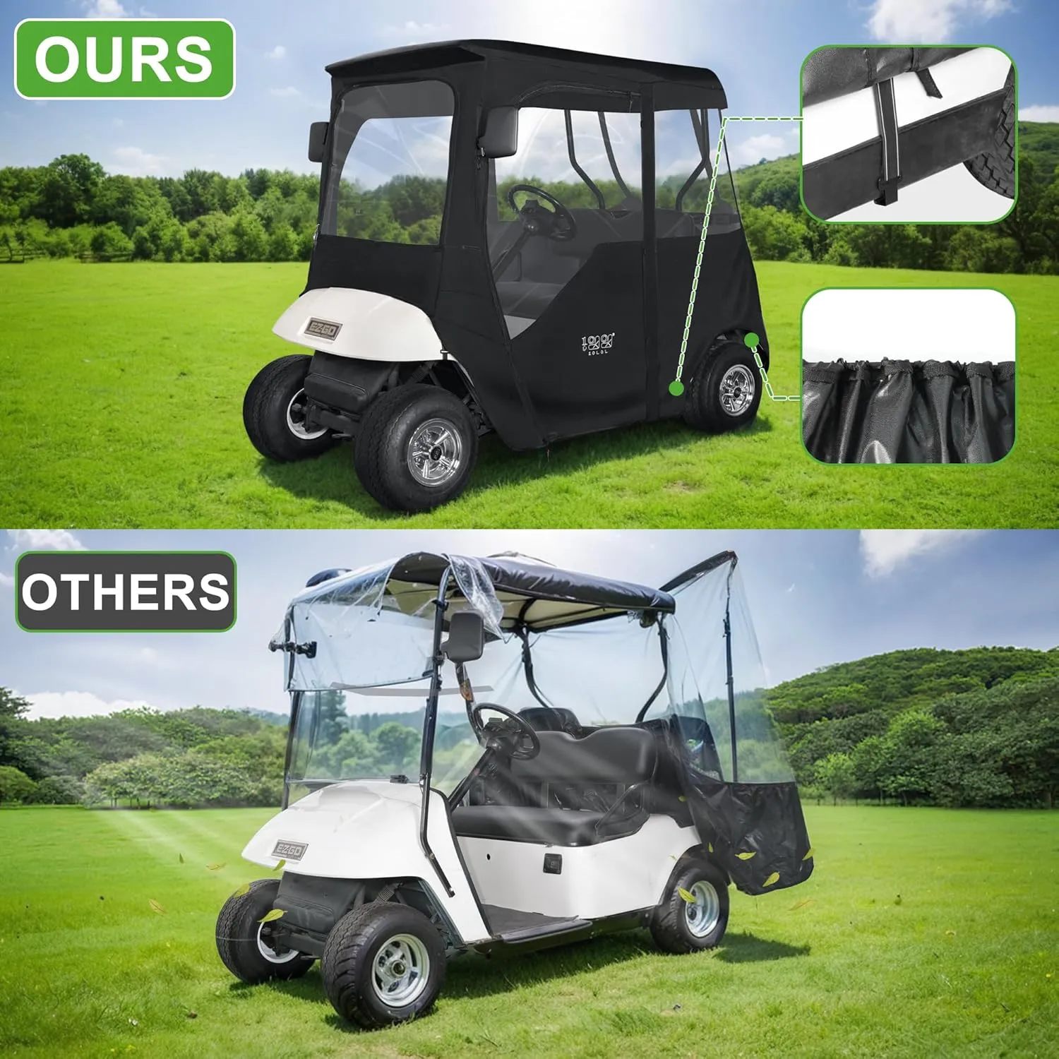 10L0L 600D Golf Cart Enclosure 2 Passenger Rain Cover 4 Sided for EZGO TXT/RXV with 2 Door Zippers, Security Side Mirror Openings, Taillight Zone UPVC Windows, Waterproof Portable Transparent