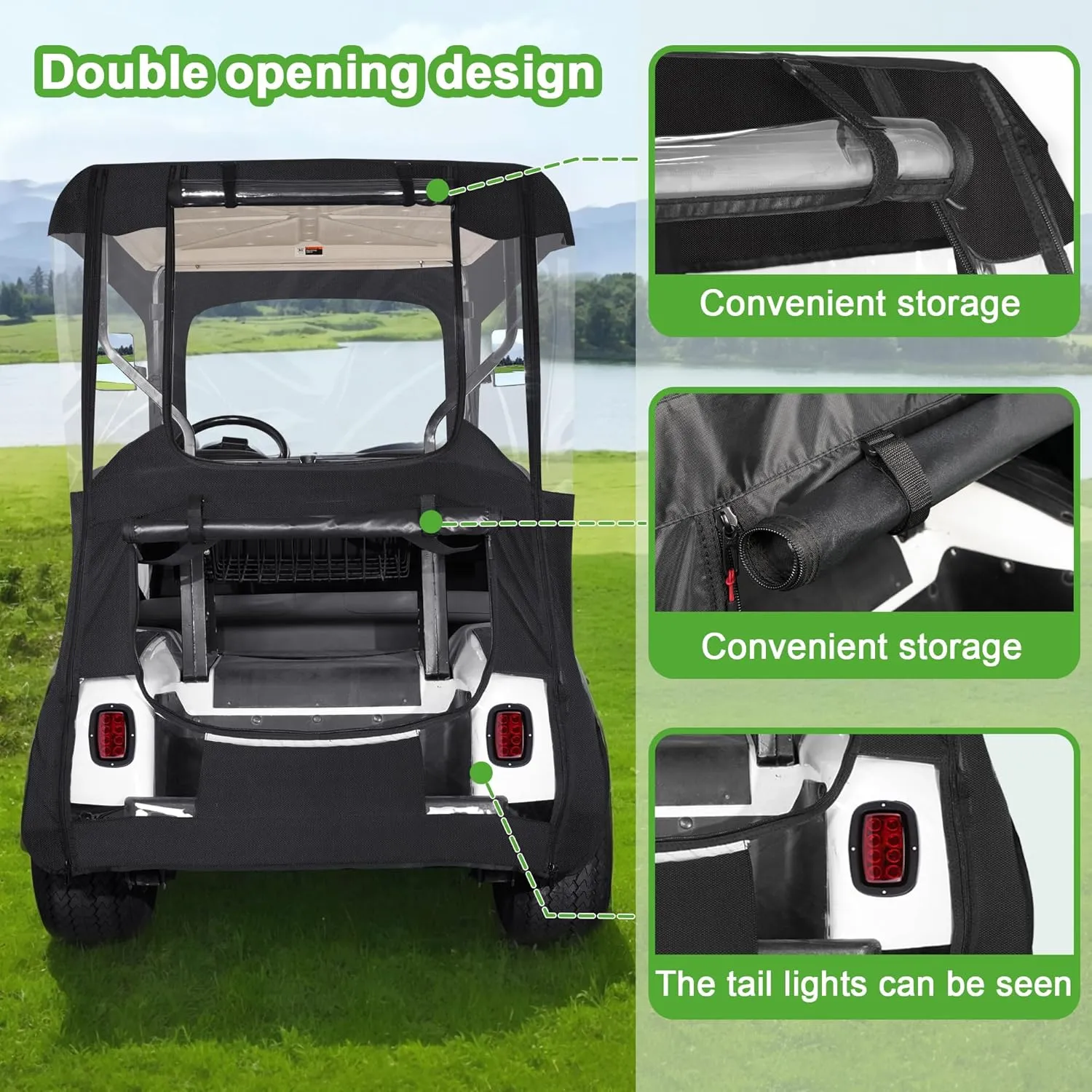 10L0L 600D Golf Cart Enclosure 2 Passenger Rain Cover 4 Sided for EZGO TXT/RXV with 2 Door Zippers, Security Side Mirror Openings, Taillight Zone UPVC Windows, Waterproof Portable Transparent