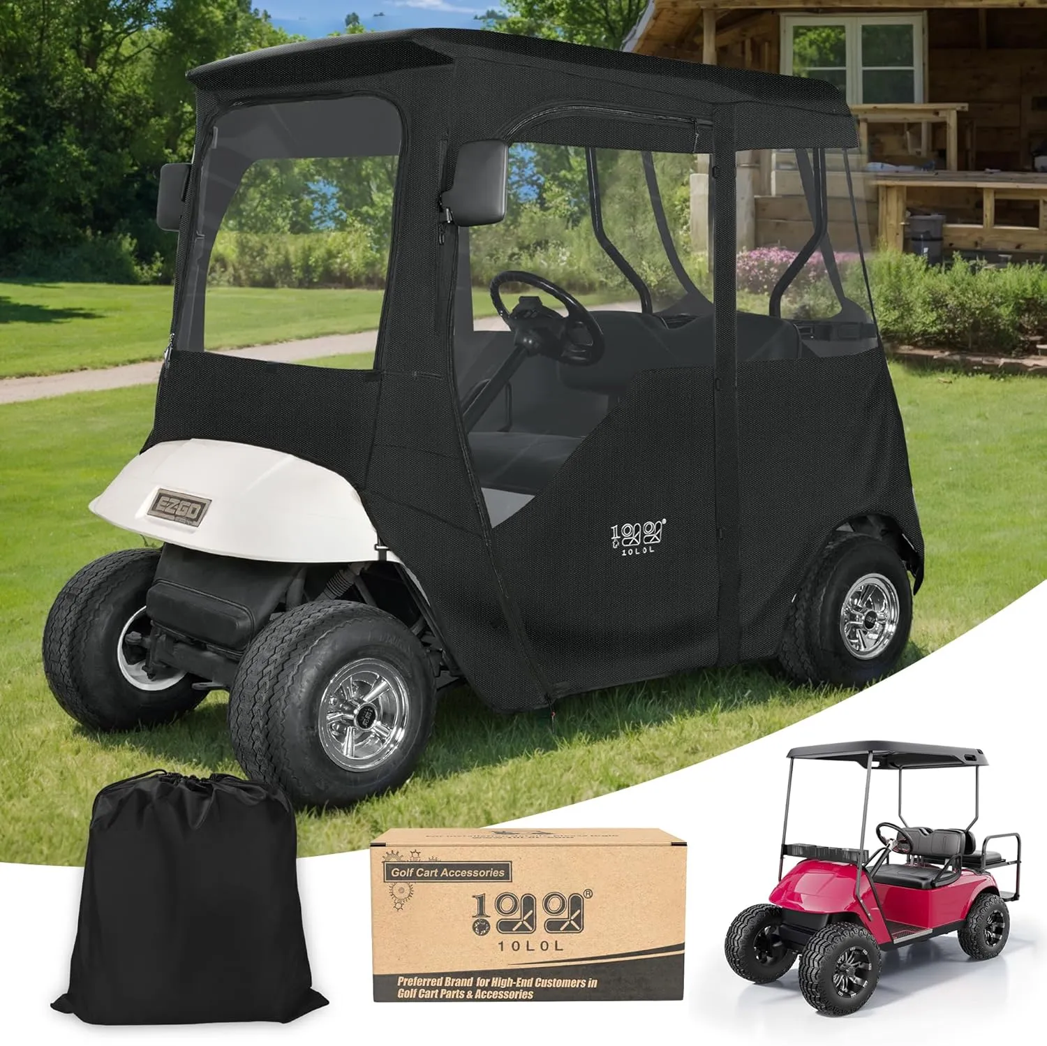 10L0L 600D Golf Cart Enclosure 2 Passenger Rain Cover 4 Sided for EZGO TXT/RXV with 2 Door Zippers, Security Side Mirror Openings, Taillight Zone UPVC Windows, Waterproof Portable Transparent