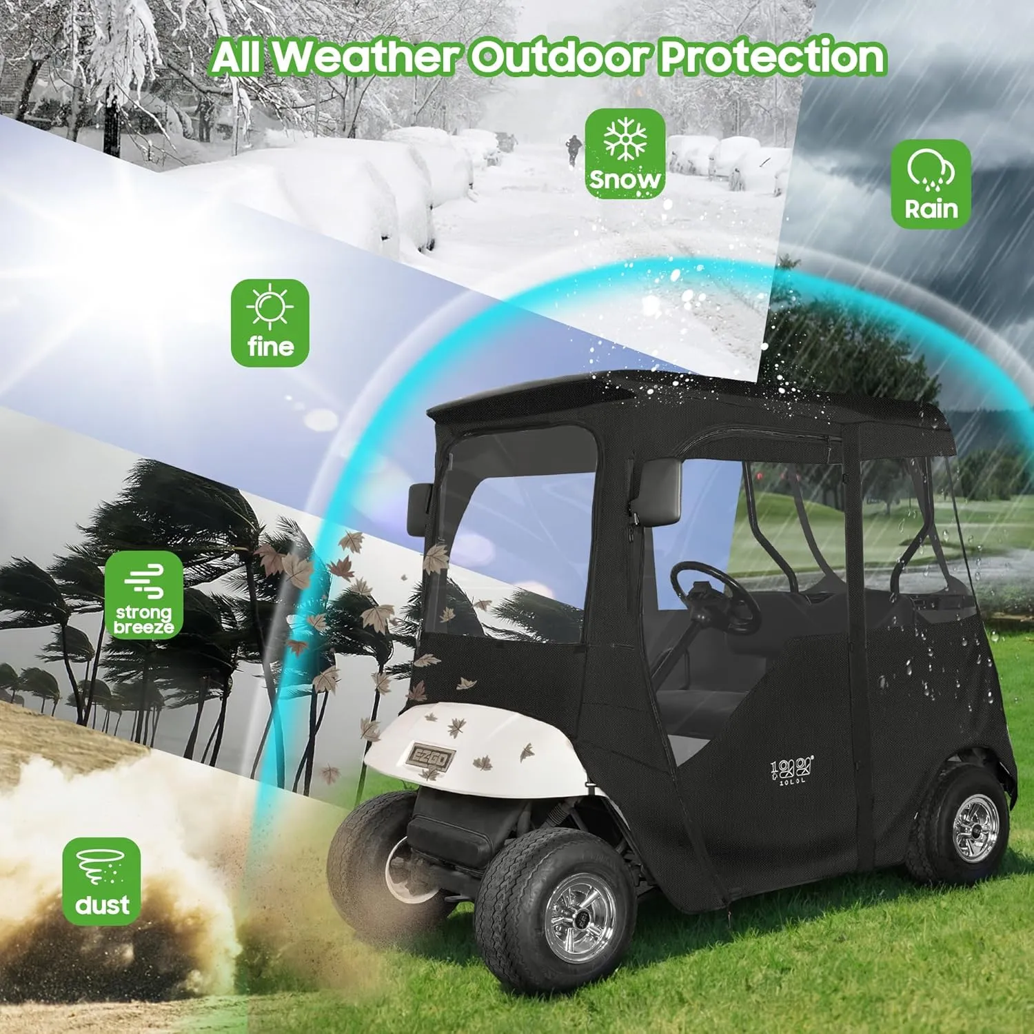 10L0L 600D Golf Cart Enclosure 2 Passenger Rain Cover 4 Sided for EZGO TXT/RXV with 2 Door Zippers, Security Side Mirror Openings, Taillight Zone UPVC Windows, Waterproof Portable Transparent
