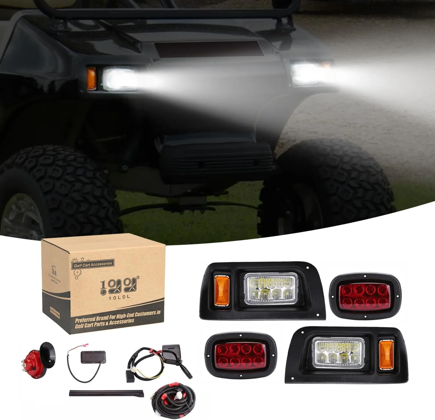 10L0L Golf Cart Light Kit for Club Car DS (12V) All Models with Head Light, Tail Lights, Turn Signals, Brake Lights Emergency Flasher and Horn