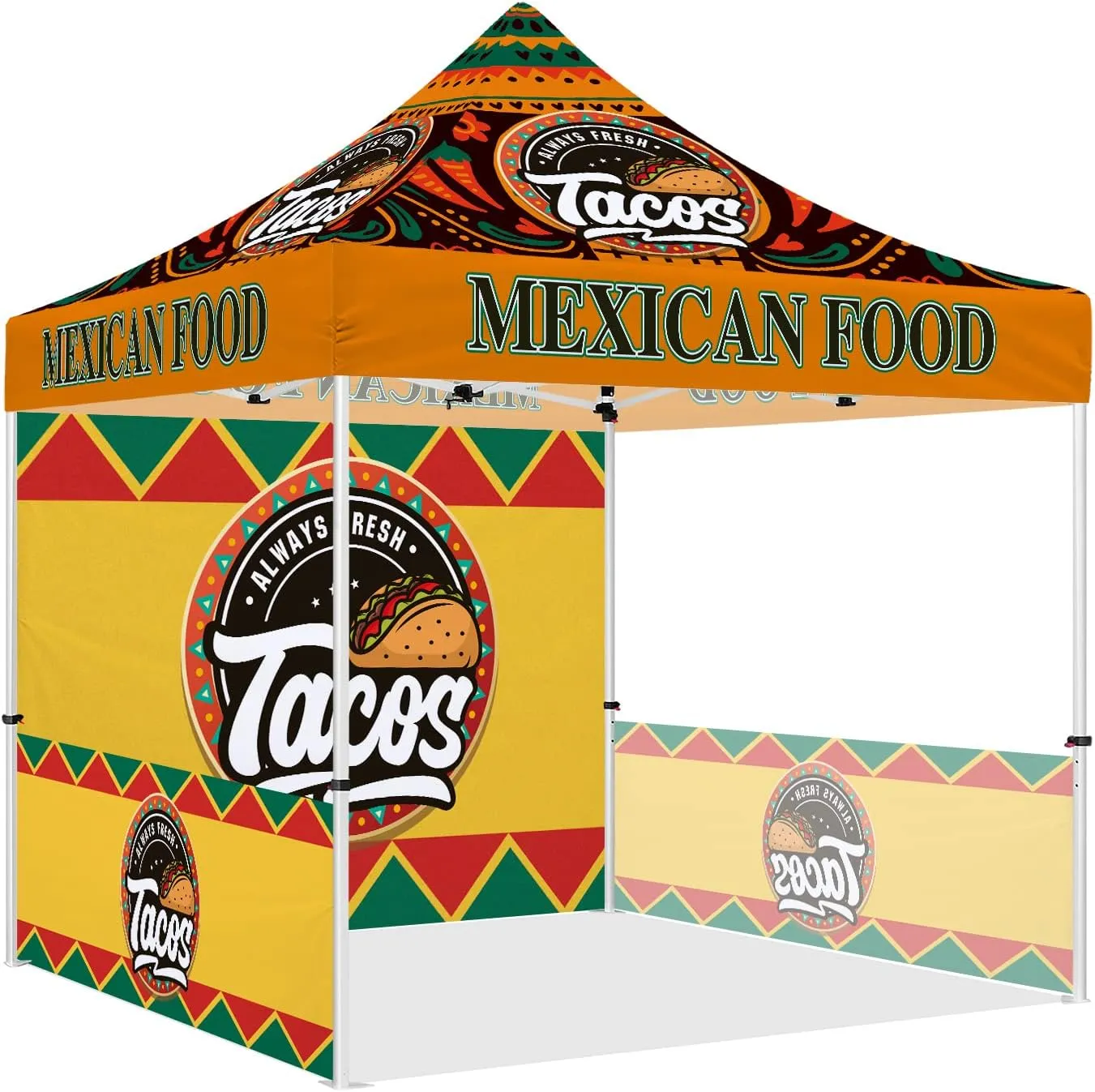 10x10 Tacos Themed Pop Up Canopy Tent, Heavy Duty Commercial Canopy for Mexican Food Vendors Serving Tacos, Outdoor Catering with Roller Bag, Back Wall, Sidewalls and Rails