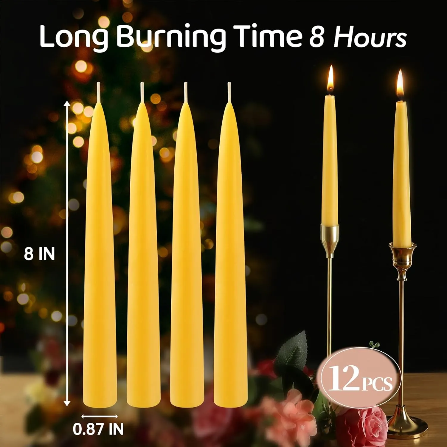 12 Pack Beeswax Taper Candles,8in Dripless Pure Beeswax Candles,8 Hours Long Burning 100% Natural Beeswax Candle Sticks,Smokeless and Unscented Bees Wax Candle for Home,Prayer,Tall Tapered