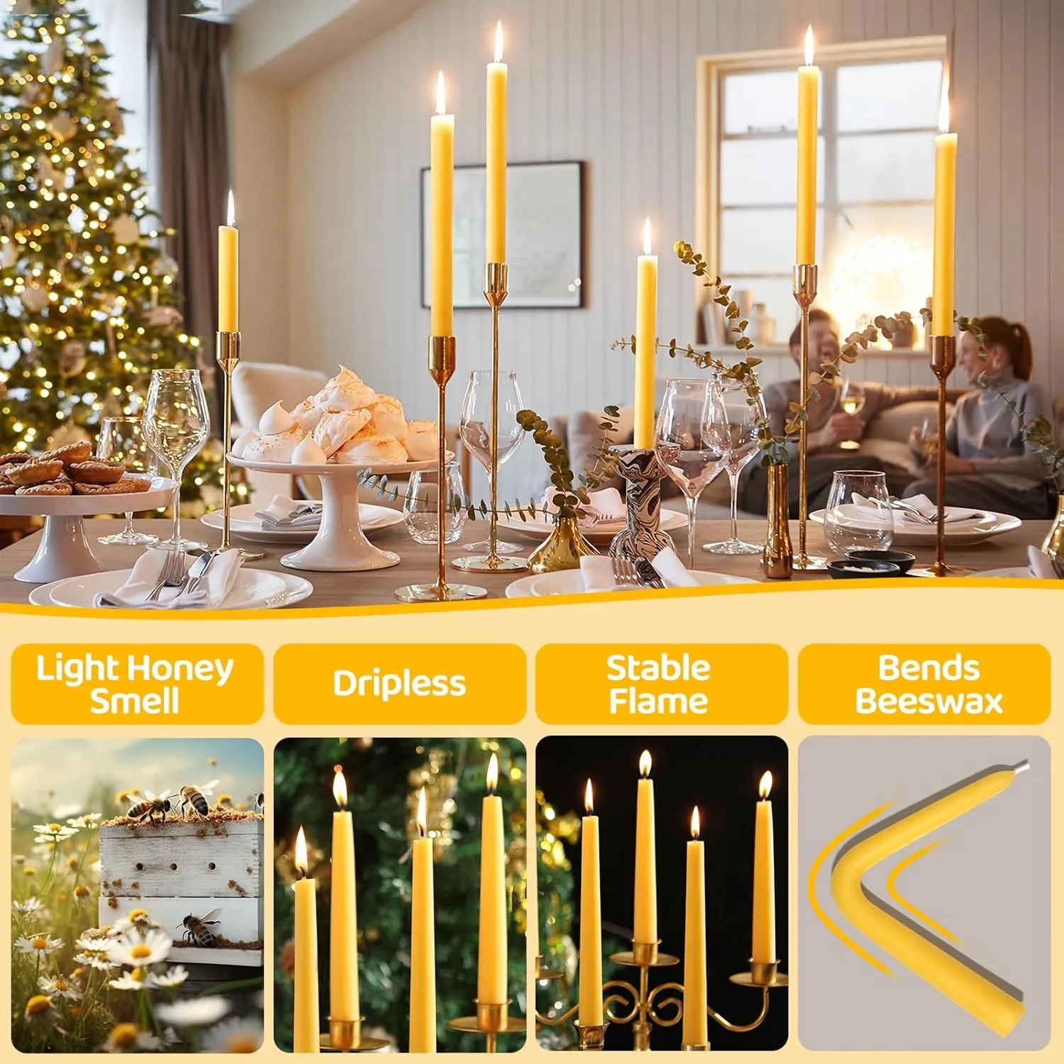 12 Pack Beeswax Taper Candles,8in Dripless Pure Beeswax Candles,8 Hours Long Burning 100% Natural Beeswax Candle Sticks,Smokeless and Unscented Bees Wax Candle for Home,Prayer,Tall Tapered