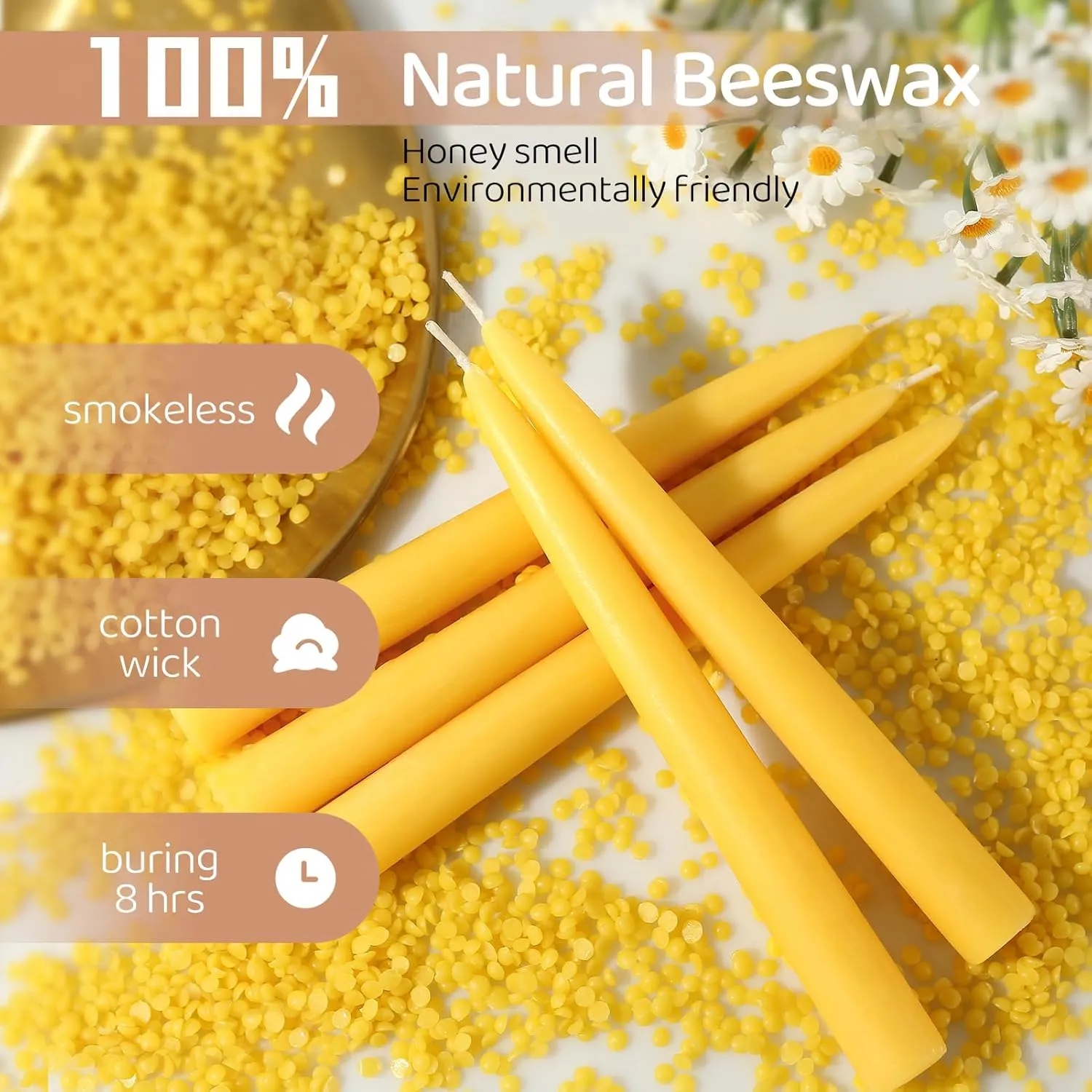 12 Pack Beeswax Taper Candles,8in Dripless Pure Beeswax Candles,8 Hours Long Burning 100% Natural Beeswax Candle Sticks,Smokeless and Unscented Bees Wax Candle for Home,Prayer,Tall Tapered
