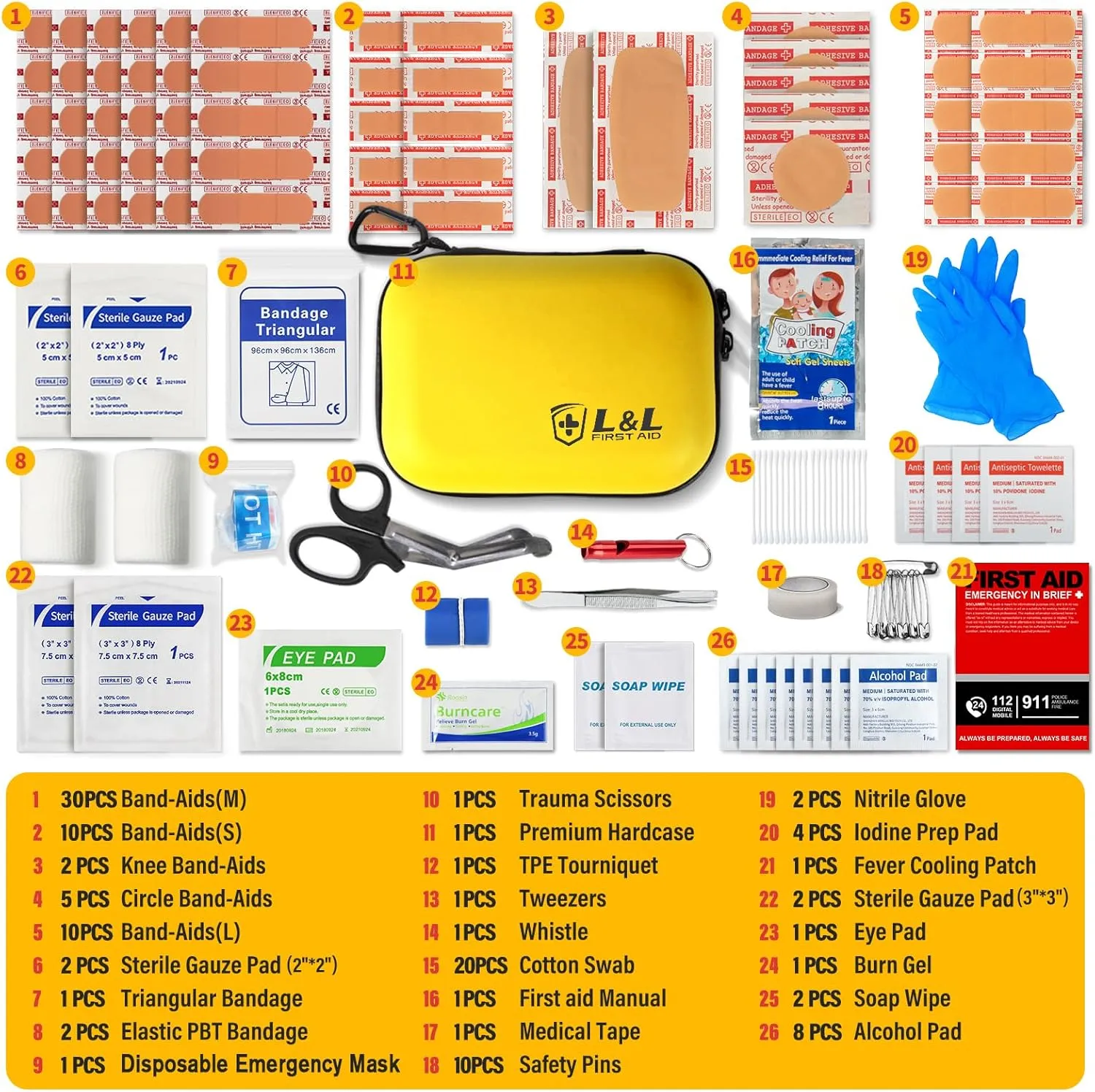 120-Piece First Aid Kit for Travel,Car & Emergency Survival - Compact Waterproof Medical Supplies with Trauma Bandages,Burn Gel & Fever Cooling Patch | Portable for Camping,Hiking,Sports(Yellow)
