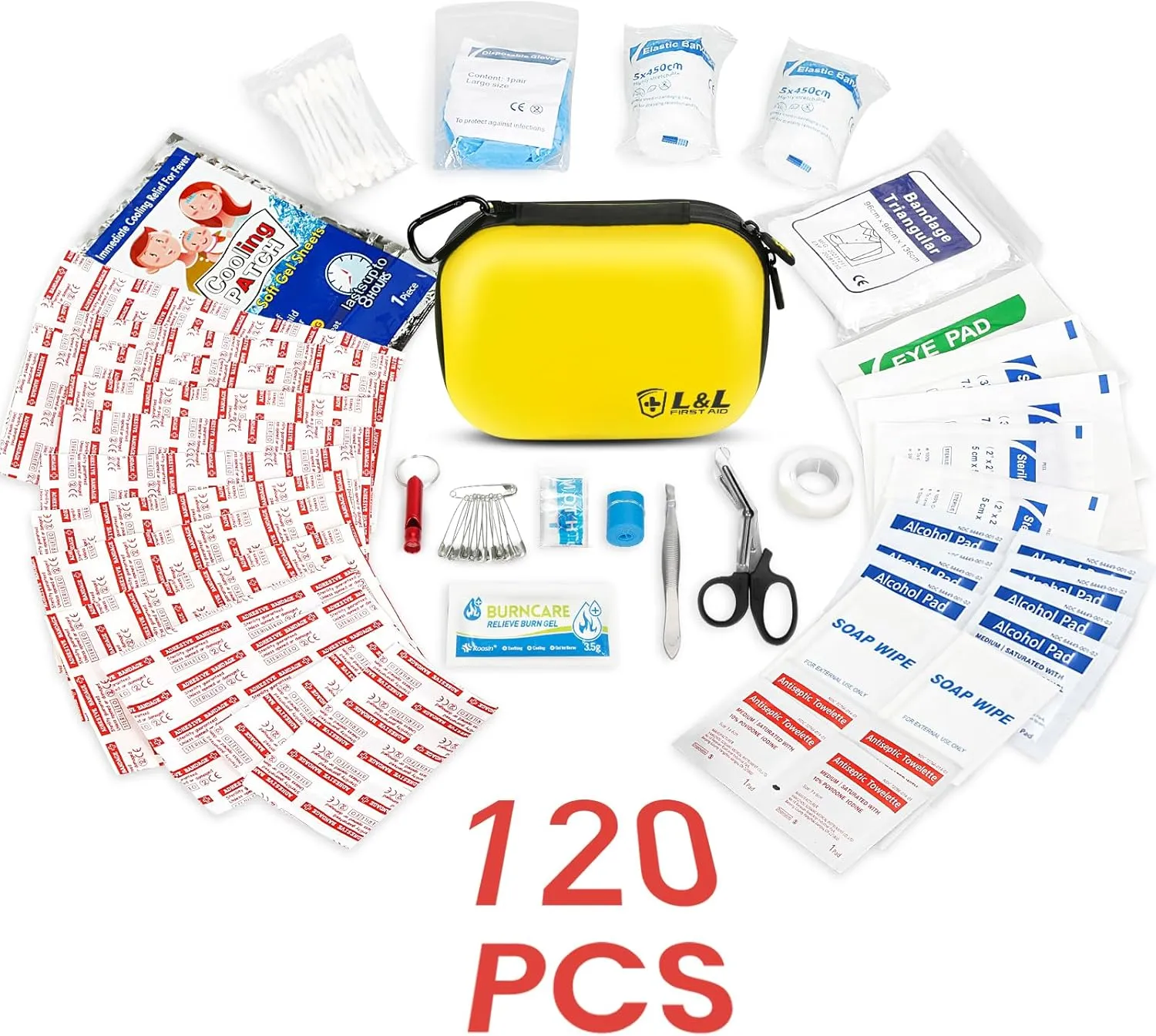 120-Piece First Aid Kit for Travel,Car & Emergency Survival - Compact Waterproof Medical Supplies with Trauma Bandages,Burn Gel & Fever Cooling Patch | Portable for Camping,Hiking,Sports(Yellow)