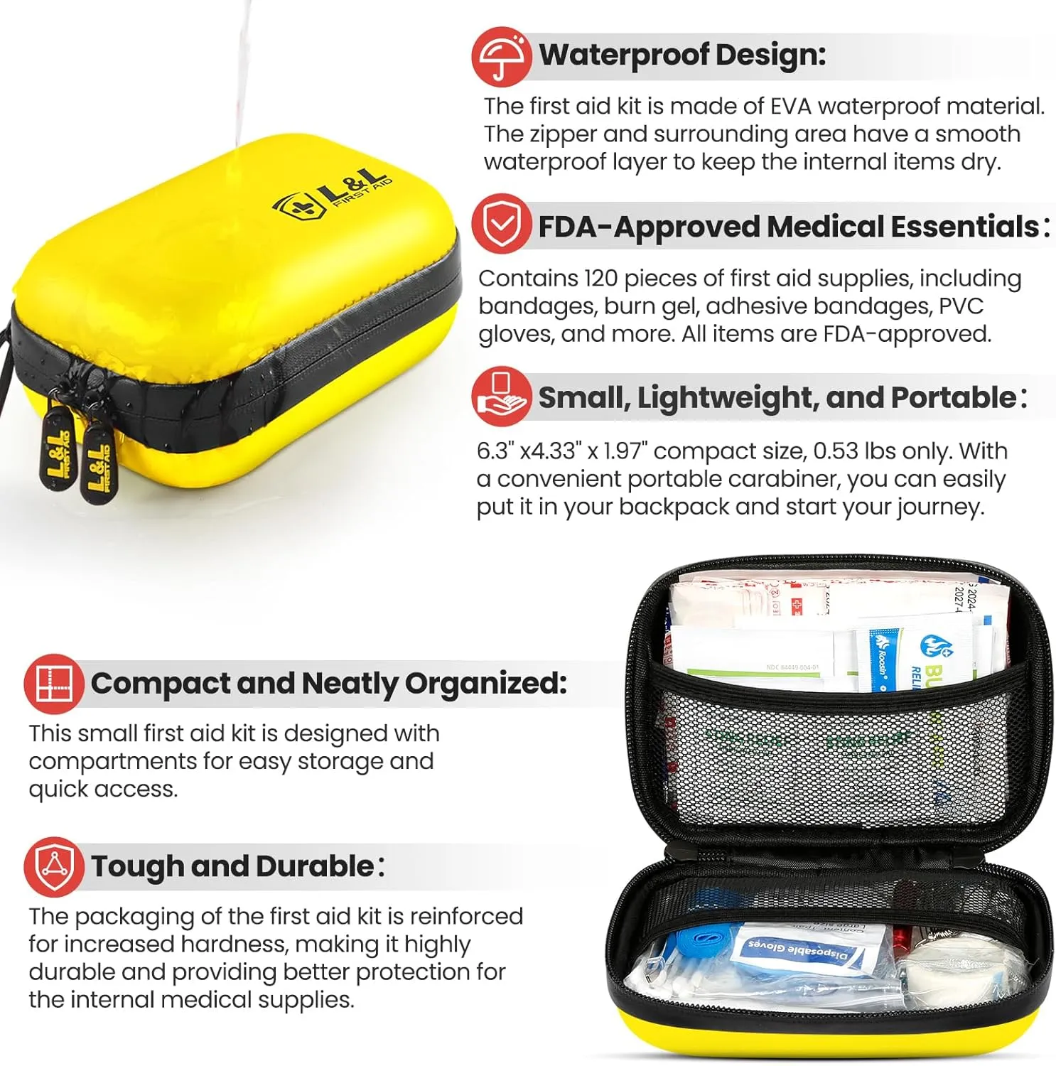 120-Piece First Aid Kit for Travel,Car & Emergency Survival - Compact Waterproof Medical Supplies with Trauma Bandages,Burn Gel & Fever Cooling Patch | Portable for Camping,Hiking,Sports(Yellow)