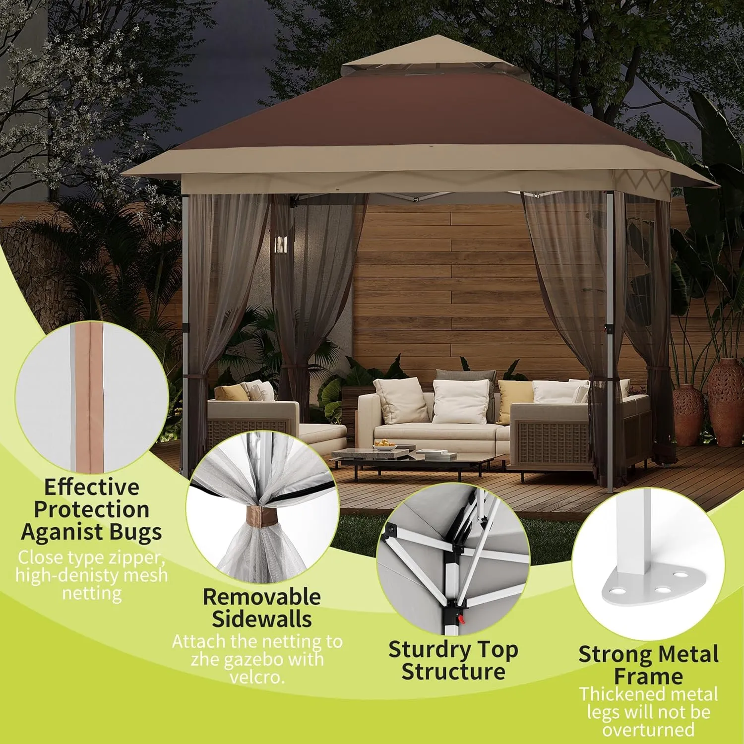 12x12 FT Canopy Tent, Pop Up Gazebo with Mosquito Netting, Adjustable Height Outdoor Gazebo with Wheeled Carry Bag for Backyard, Garden, Patio -All-Weather UV/Waterproof Shelter