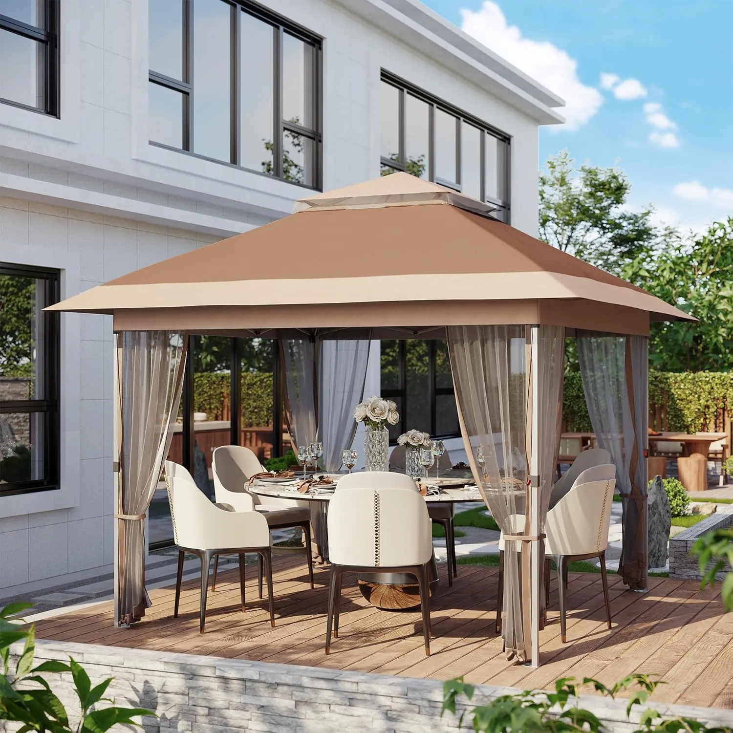 12x12 FT Canopy Tent, Pop Up Gazebo with Mosquito Netting, Adjustable Height Outdoor Gazebo with Wheeled Carry Bag for Backyard, Garden, Patio -All-Weather UV/Waterproof Shelter
