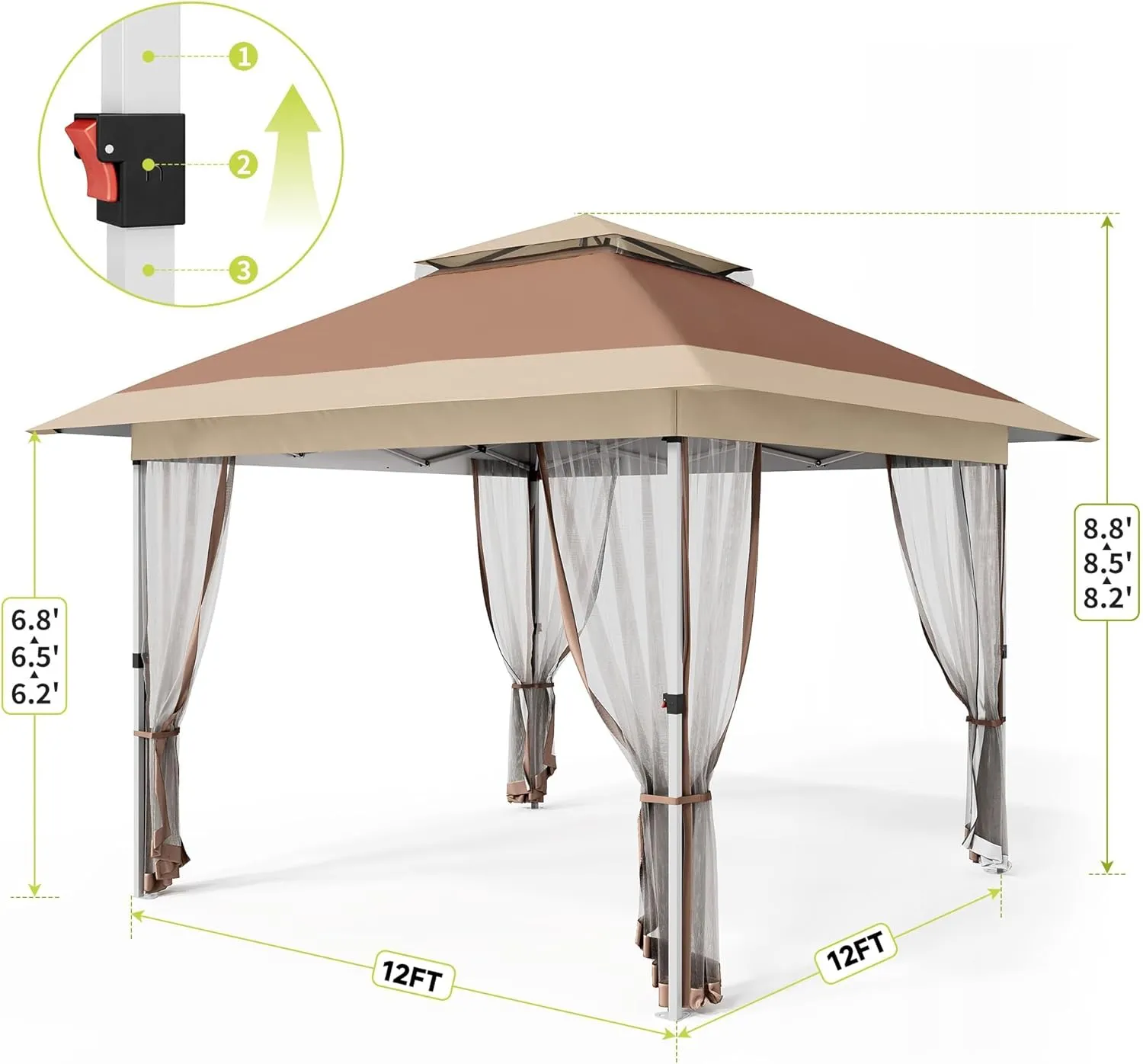 12x12 FT Canopy Tent, Pop Up Gazebo with Mosquito Netting, Adjustable Height Outdoor Gazebo with Wheeled Carry Bag for Backyard, Garden, Patio -All-Weather UV/Waterproof Shelter
