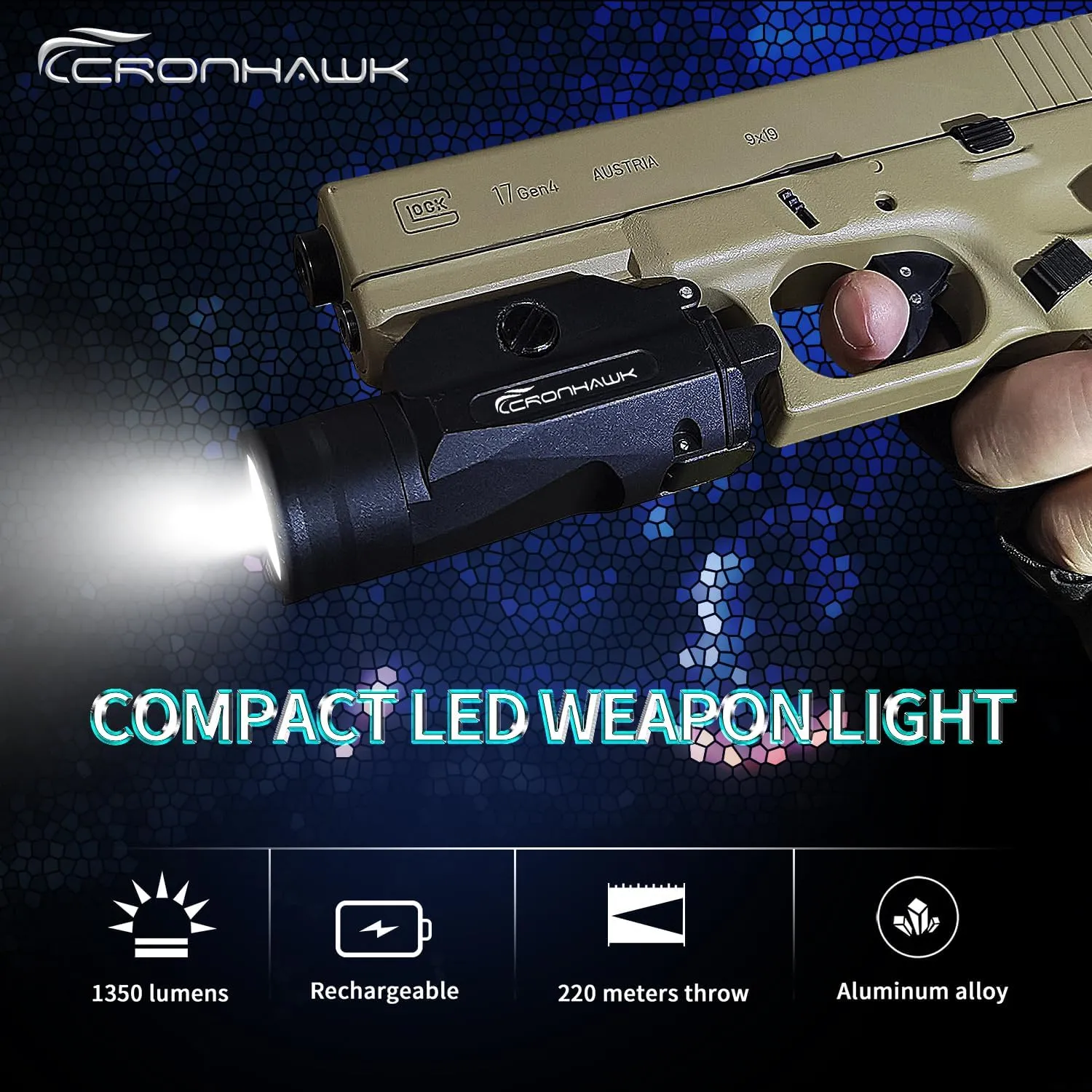 1350 Lumens Pistol Light Rail Mounted Flashlight, Rechargeable Gun Flashlights for Pistol Airsoft