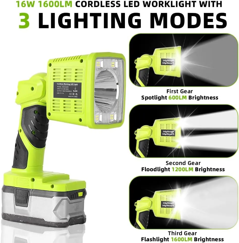 16W Cordless LED Handheld Flashlight for Ryobi 18V Battery, 1600LM Portable Flashlight Tool Work with 3 Modes Lighting for Camping, Fishing, Car Repairing, Job Site, Emergency
