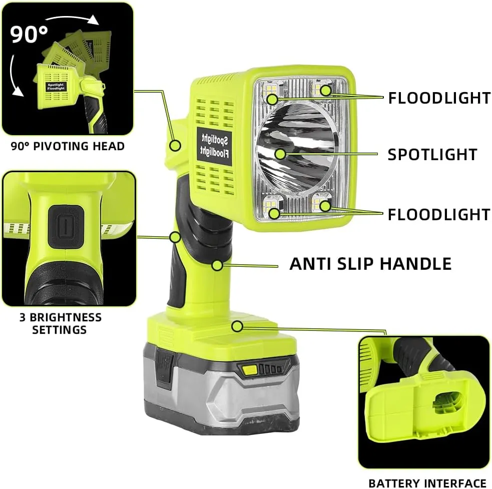 16W Cordless LED Handheld Flashlight for Ryobi 18V Battery, 1600LM Portable Flashlight Tool Work with 3 Modes Lighting for Camping, Fishing, Car Repairing, Job Site, Emergency