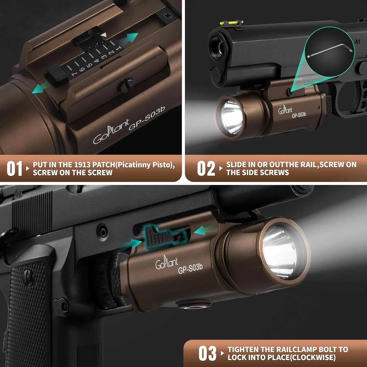 1750 Lumens Weapon Light Flashlight, Only Rechargeable LED White Light Adjustable Rail-Mounted Without Laser, Aircraft-Grade Aluminum Tactical Gun Light for Picatinny or GL Rail