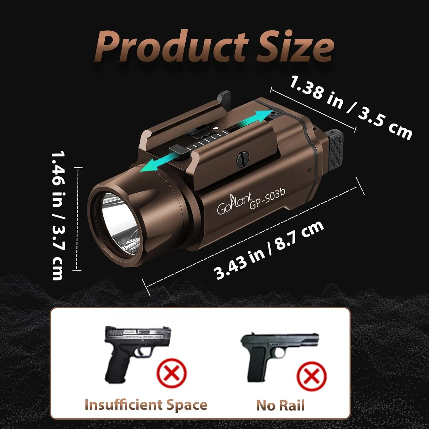 1750 Lumens Weapon Light Flashlight, Only Rechargeable LED White Light Adjustable Rail-Mounted Without Laser, Aircraft-Grade Aluminum Tactical Gun Light for Picatinny or GL Rail