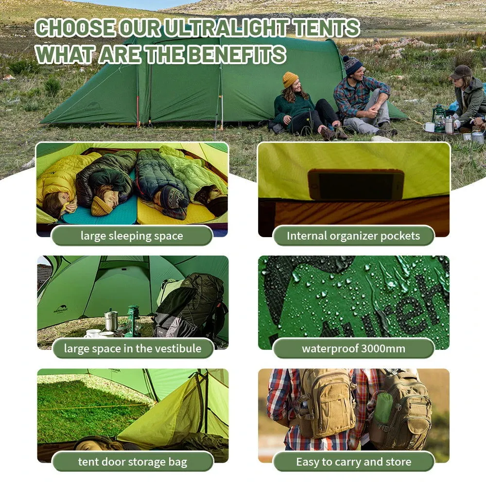 2 or 3 Person Ultralight 4-Season Hiking Tent – 20D Waterproof Family Camping Tent