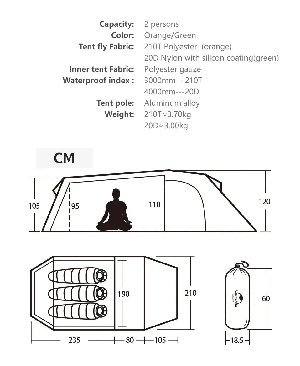 2 or 3 Person Ultralight 4-Season Hiking Tent – 20D Waterproof Family Camping Tent