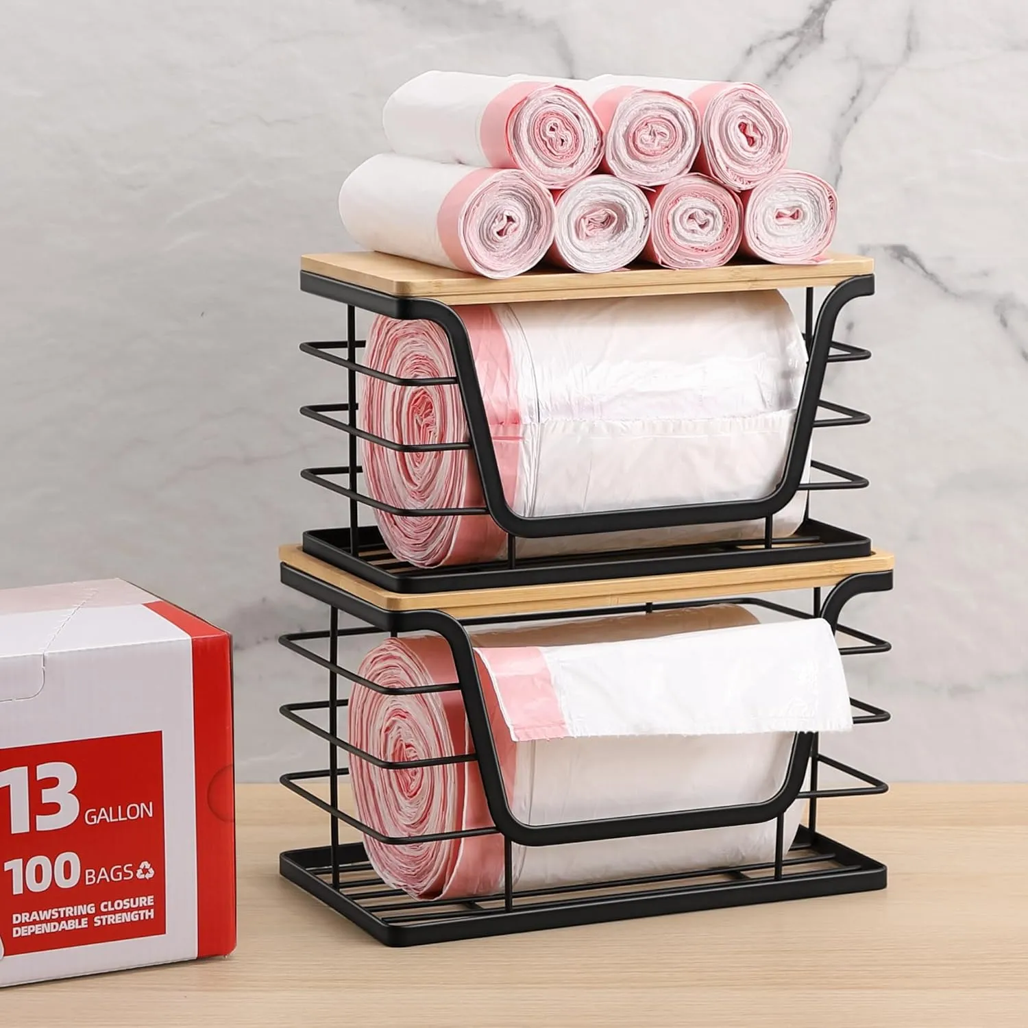 2 Pack Storage Stackable Kitchen Laundry Organizers with Bamboo Top, Wall Mount Large Trash Bag Holder and Standard Garbage Bag Dispenser