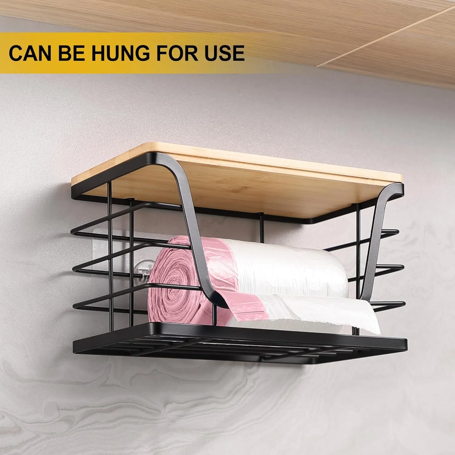 2 Pack Storage Stackable Kitchen Laundry Organizers with Bamboo Top, Wall Mount Large Trash Bag Holder and Standard Garbage Bag Dispenser