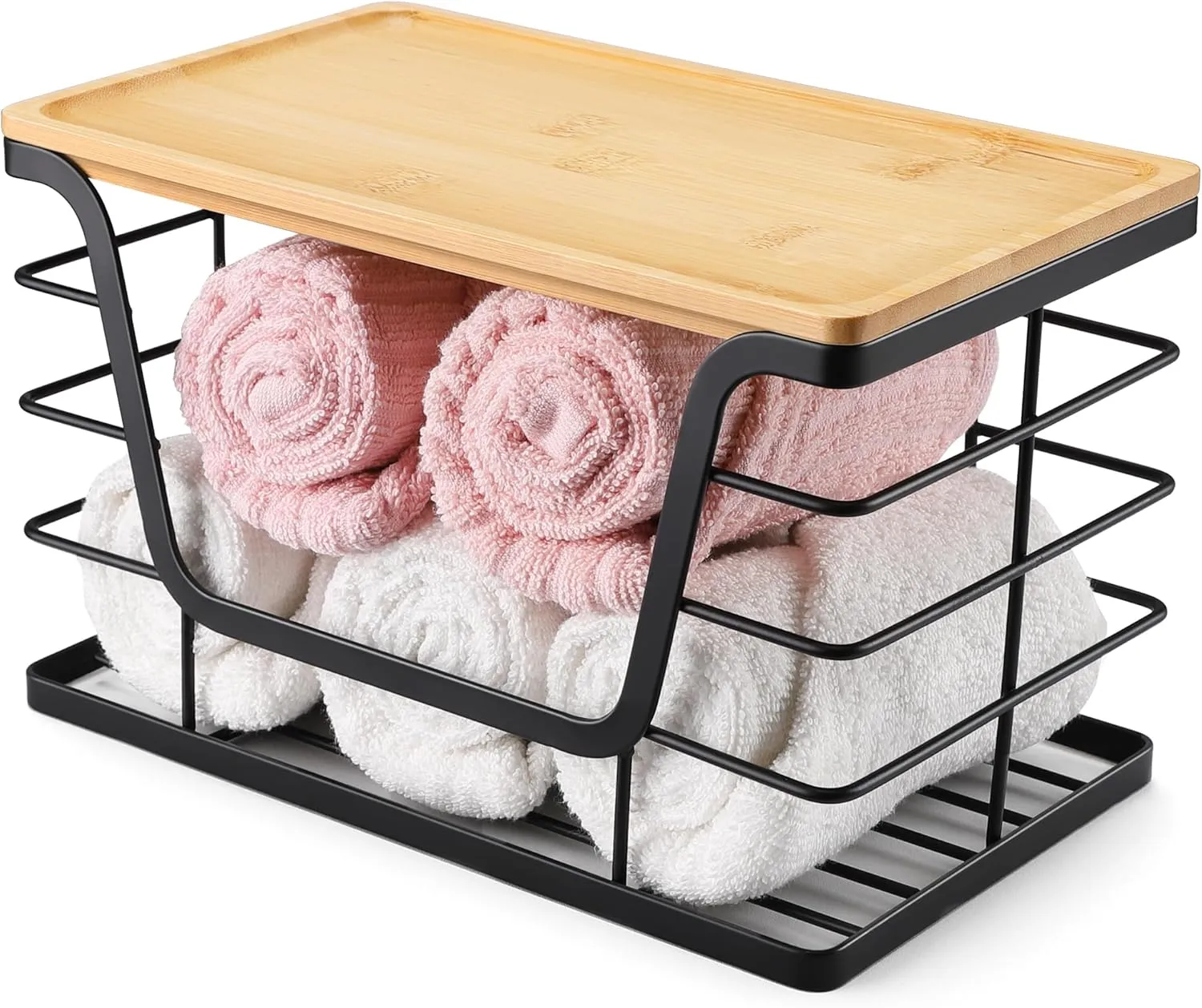 2 Pack Storage Stackable Kitchen Laundry Organizers with Bamboo Top, Wall Mount Large Trash Bag Holder and Standard Garbage Bag Dispenser