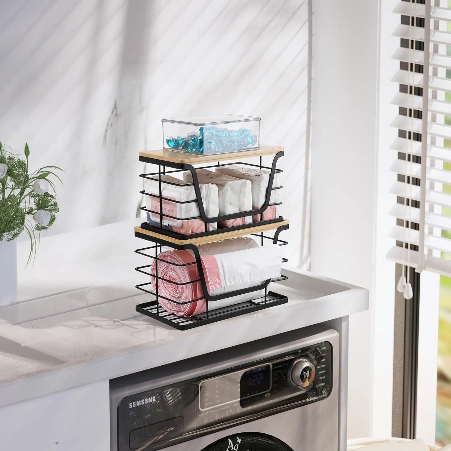 2 Pack Storage Stackable Kitchen Laundry Organizers with Bamboo Top, Wall Mount Large Trash Bag Holder and Standard Garbage Bag Dispenser