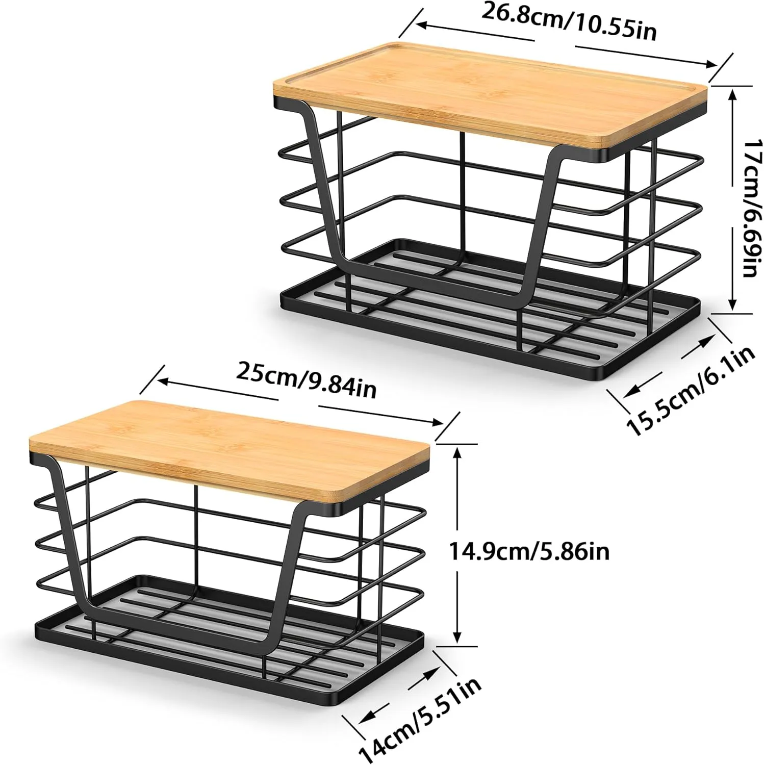 2 Pack Storage Stackable Kitchen Laundry Organizers with Bamboo Top, Wall Mount Large Trash Bag Holder and Standard Garbage Bag Dispenser