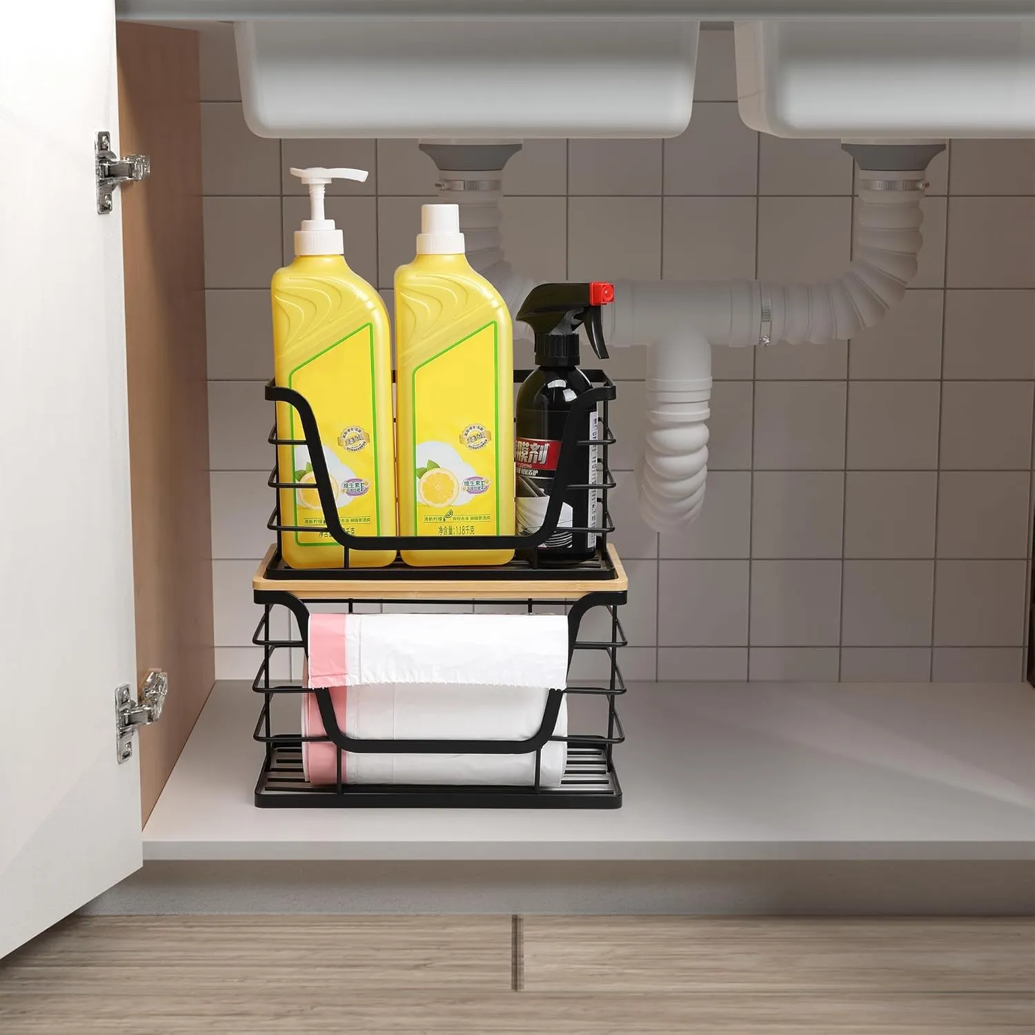 2 Pack Storage Stackable Kitchen Laundry Organizers with Bamboo Top, Wall Mount Large Trash Bag Holder and Standard Garbage Bag Dispenser