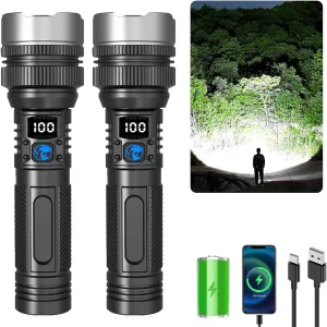 2 Pcs Powerful Flashlight 150000 Lumens,USB Rechargeable LED Flashlights High Lumens,Waterproof Zoomable Torch with 3 Modes,LCD Display & Mini Design,for Hiking Camping Home Emergencies