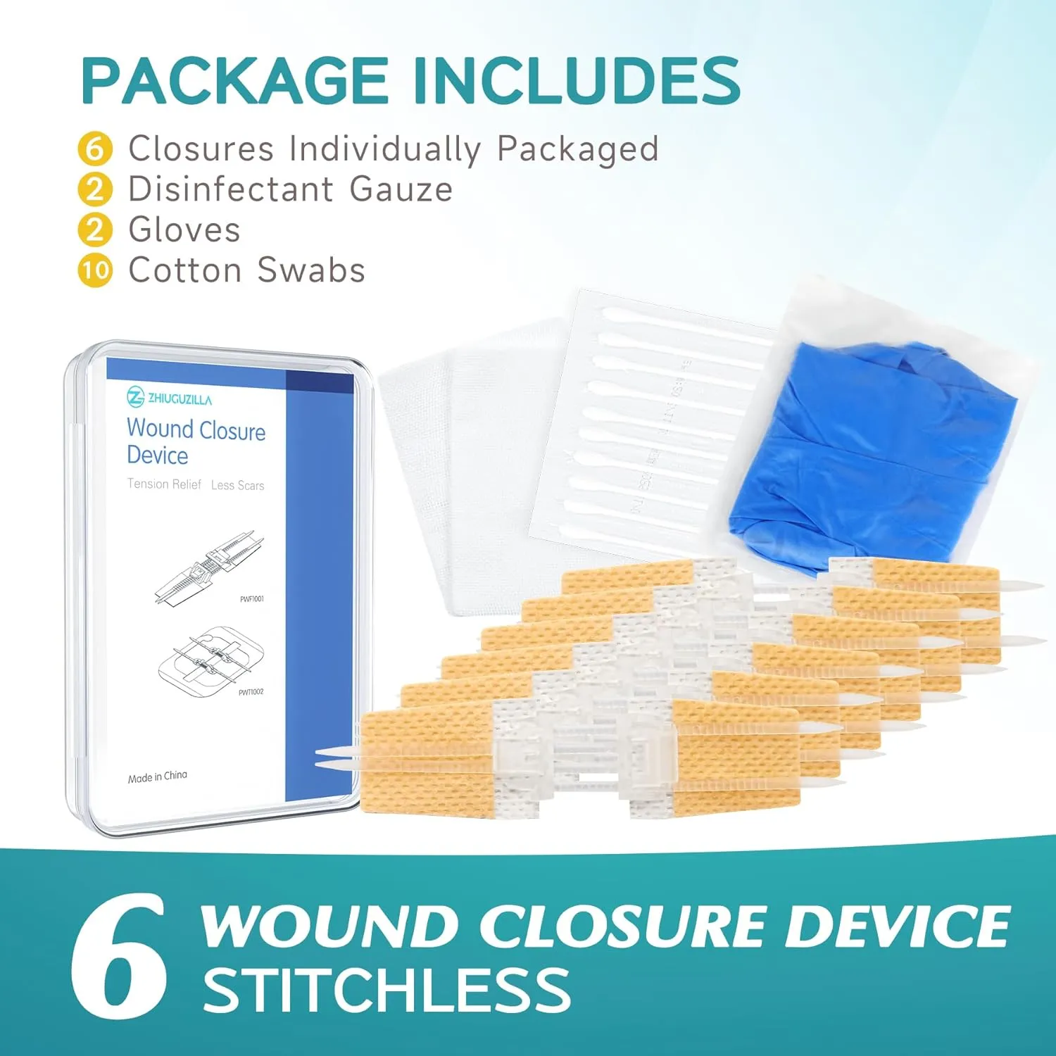 20 Piece Emergency Laceration Closures Kits, 6Pc Butterfly Wound Closures, Suture - Free Surgical Repairment, Quick Clot - First Aid Wound Care Gifts