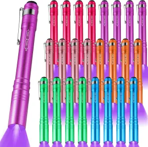 24 Pack UV Blacklight Flashlights Bulk, 395nm UV Pen Light with Clip, LED Handheld Blacklight Detector for Leak Pet Urine Hotel Inspection Dry Stain Neon Party Favors(Multicolor)