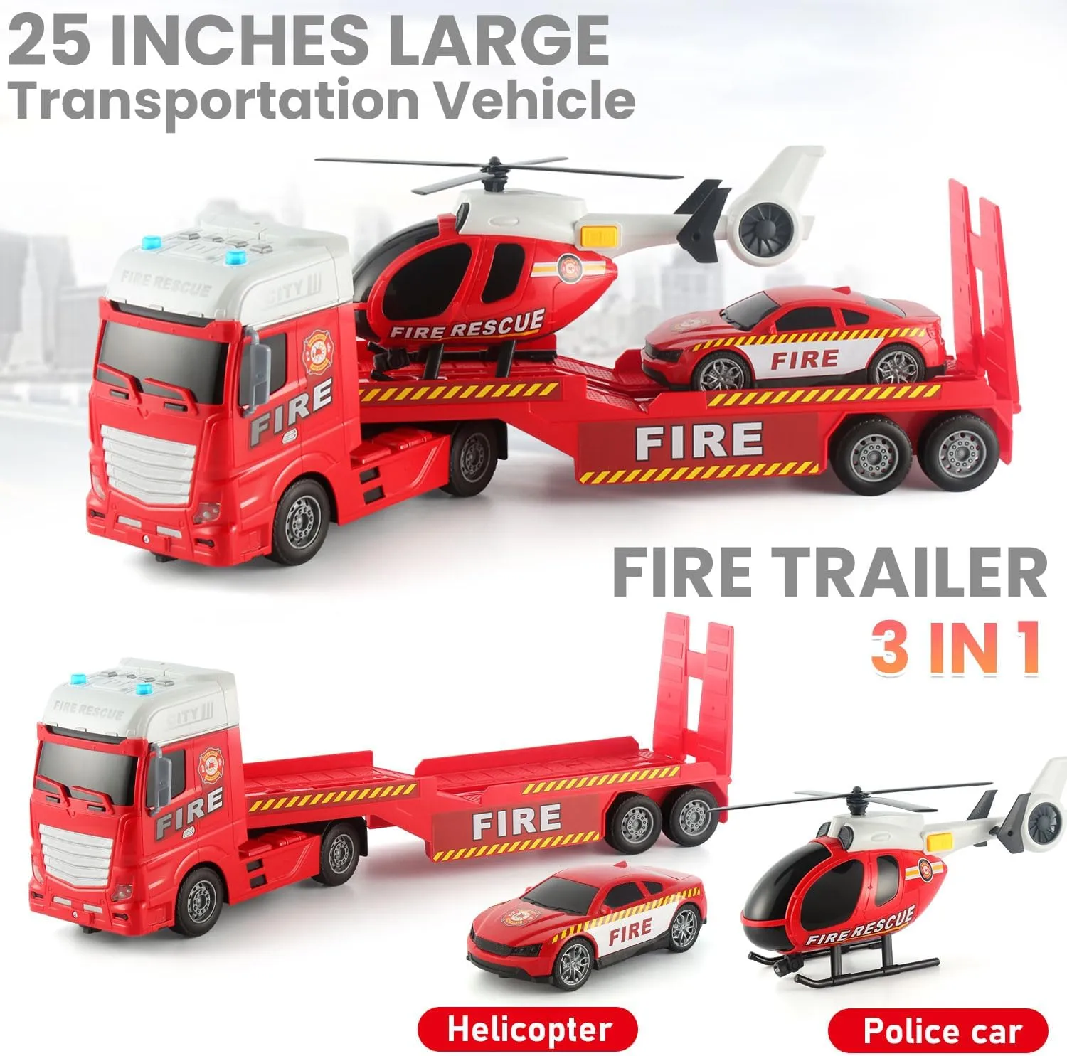 25.6'' Semi Truck Toy and Rescue Emergency Fire Truck Vehicle Playset with Flatbed Trailer, Fire Police Car, Helicopter, with Sound & Light，for Boy Toddler Child 2 3 4 5 6 Years Old(Fire Truck)