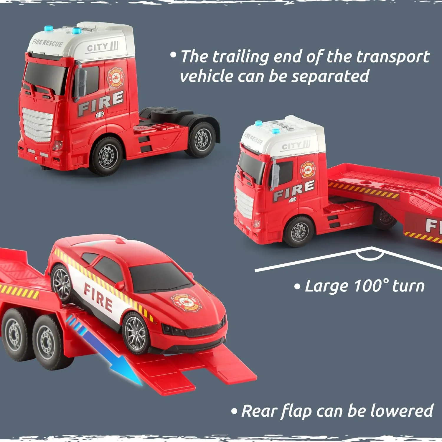 25.6'' Semi Truck Toy and Rescue Emergency Fire Truck Vehicle Playset with Flatbed Trailer, Fire Police Car, Helicopter, with Sound & Light，for Boy Toddler Child 2 3 4 5 6 Years Old(Fire Truck)