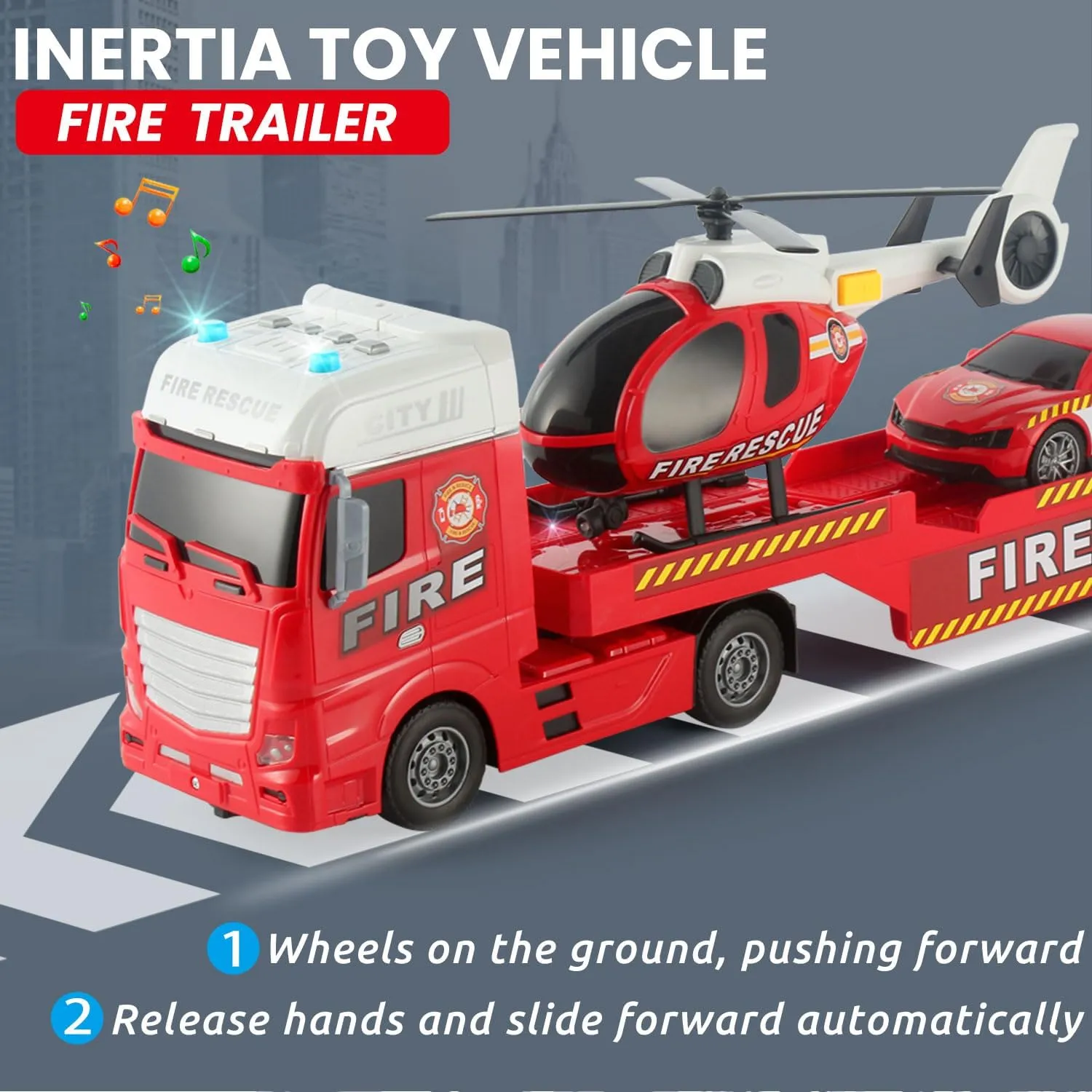 25.6'' Semi Truck Toy and Rescue Emergency Fire Truck Vehicle Playset with Flatbed Trailer, Fire Police Car, Helicopter, with Sound & Light，for Boy Toddler Child 2 3 4 5 6 Years Old(Fire Truck)