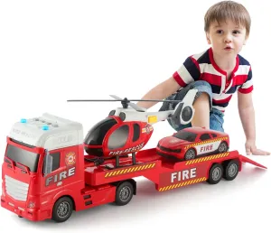 25.6'' Semi Truck Toy and Rescue Emergency Fire Truck Vehicle Playset with Flatbed Trailer, Fire Police Car, Helicopter, with Sound & Light，for Boy Toddler Child 2 3 4 5 6 Years Old(Fire Truck)