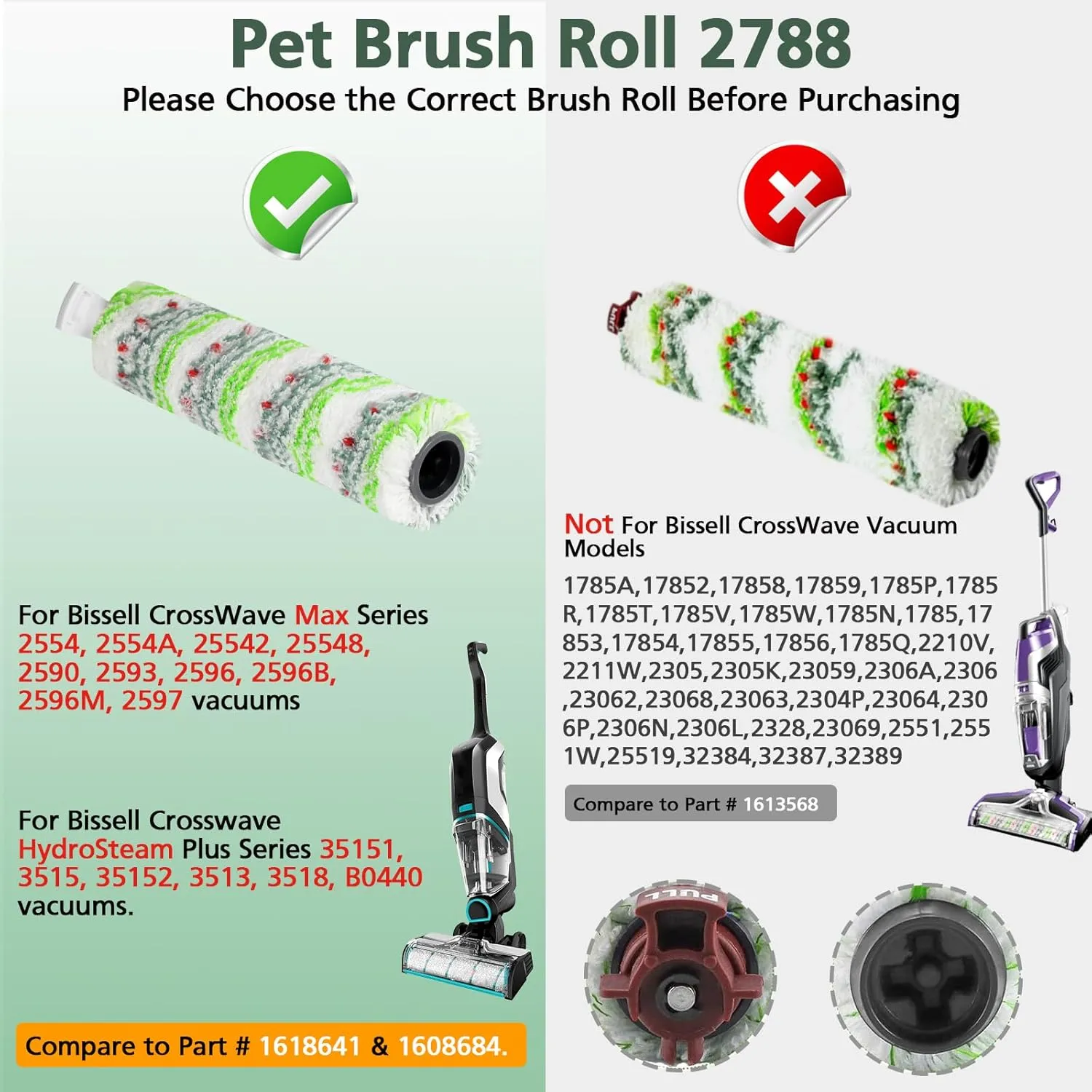 3 Pack Multi-Surface Pet Brush Rolls 2788 and Vacuum Filters 1866 Compatible with Bissell CrossWave Max 2554 2554A 2590 2593 2596, HydroSteam 35151 3515 35152 3513 3518 Vacuums, Part 1618641, 1608684