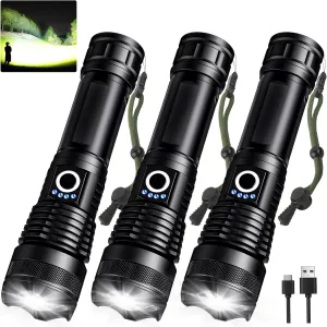 3 Pack Rechargeable LED Flashlights High Lumens, 990,000LM Super Bright Flashlight, Adjustable 5 Modes Powerful Flash Light with USB Cable, Waterproof Handheld Flashlight for Home Camping Emergencies